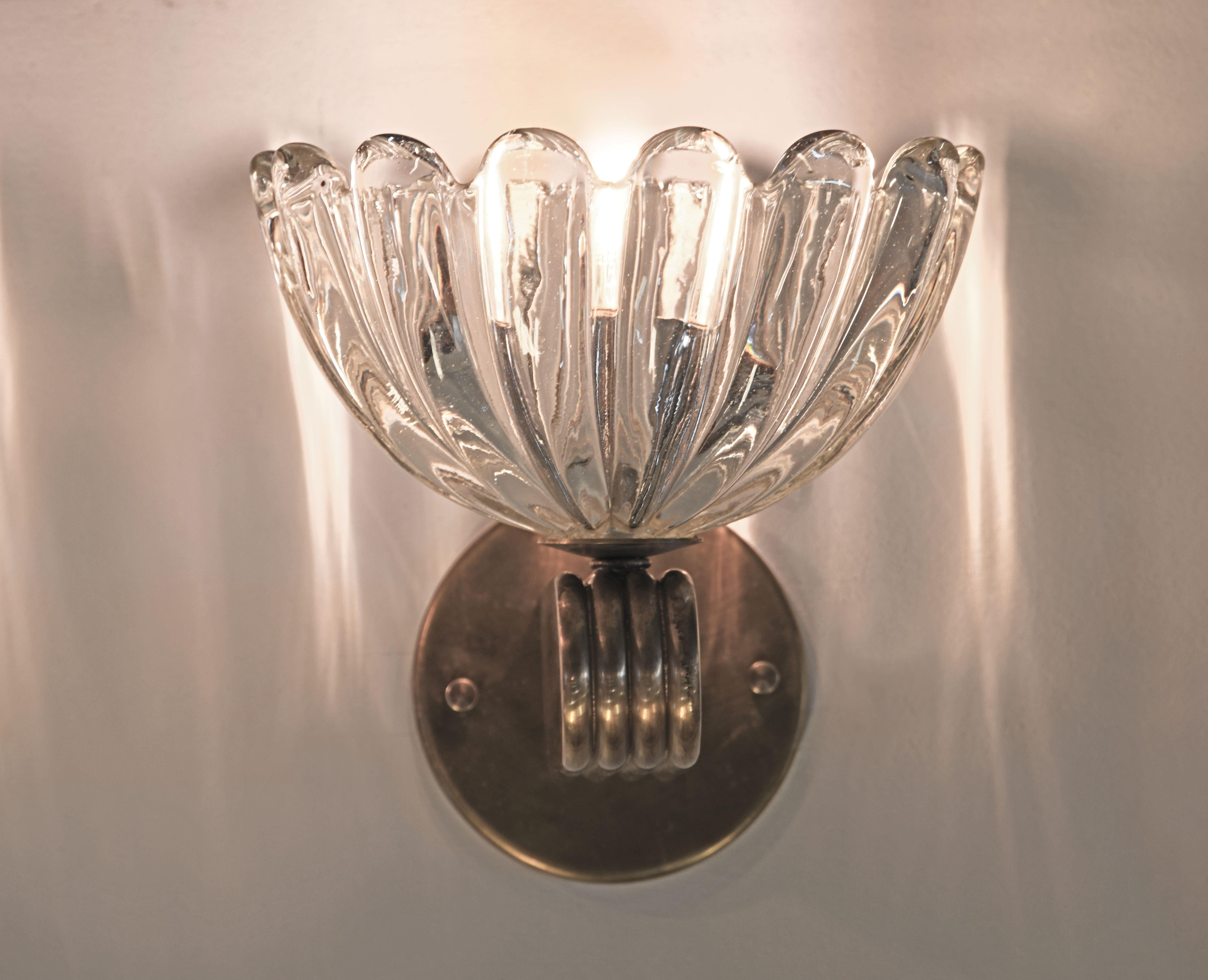 Italian Pair of Scalloped Hand Blown Murano Glass Sconces