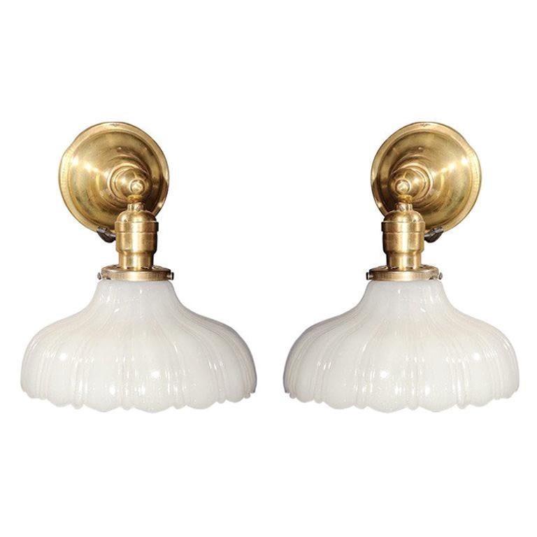 Pair of Scalloped Milk Glass and Brass Wall Sconces