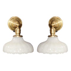 Vintage Pair of Scalloped Milk Glass and Brass Wall Sconces