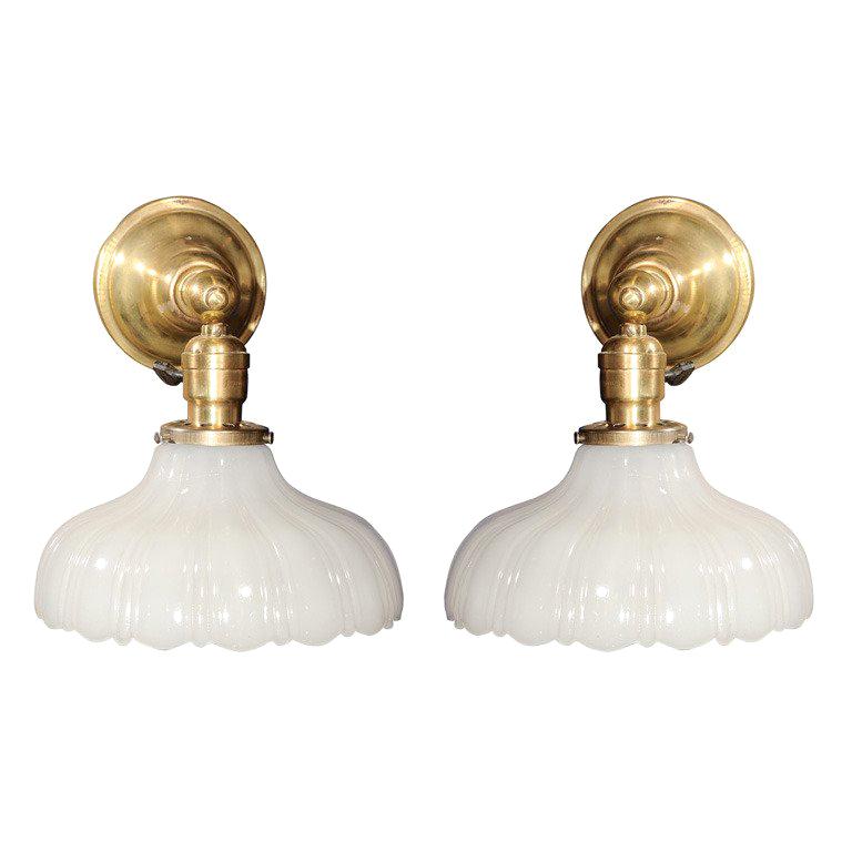 Pair of Scalloped Milk Glass and Brass Wall Sconces at 1stDibs milk