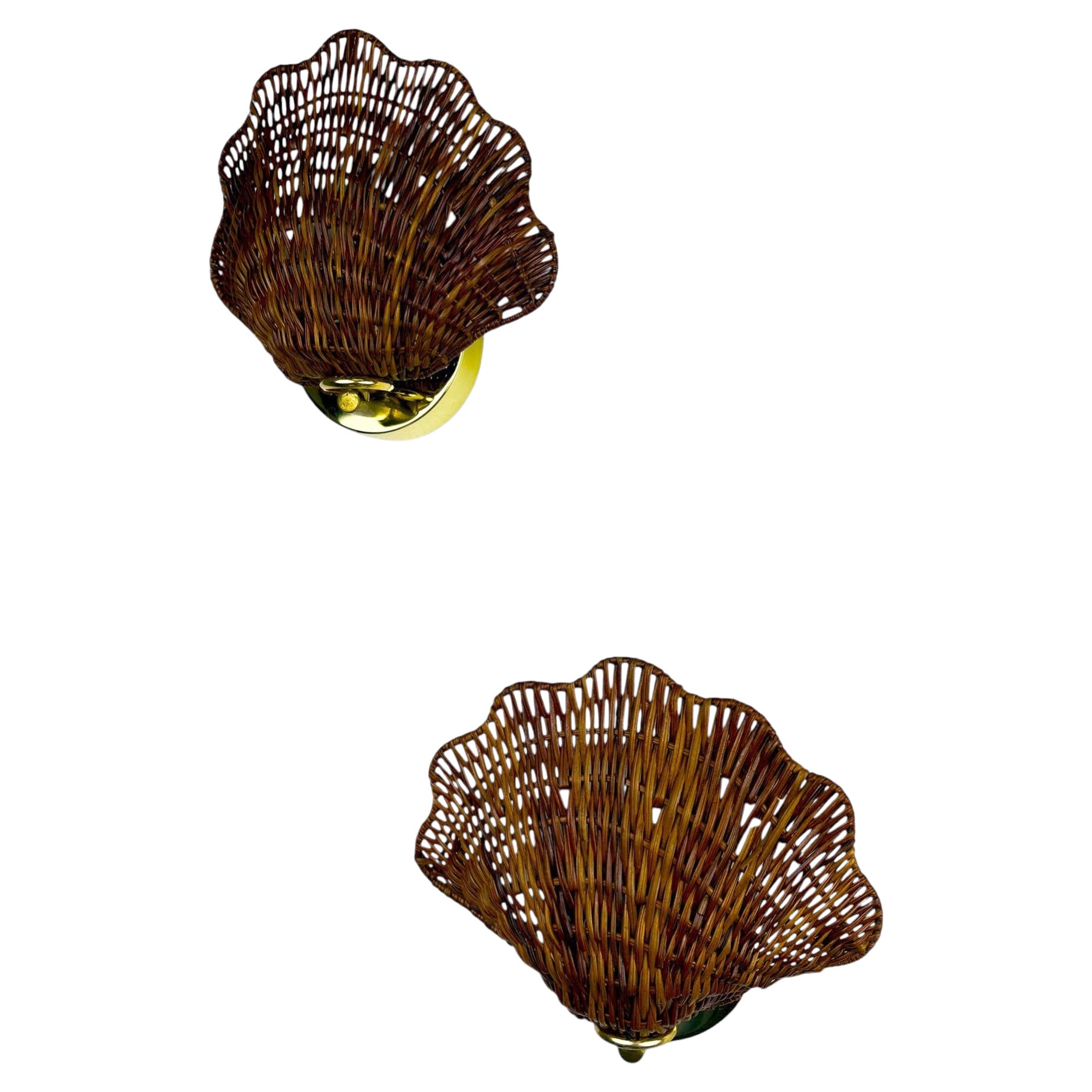 Pair of Scalloped Rattan Wall Sconces, 1980s, Sourced in Spain For Sale