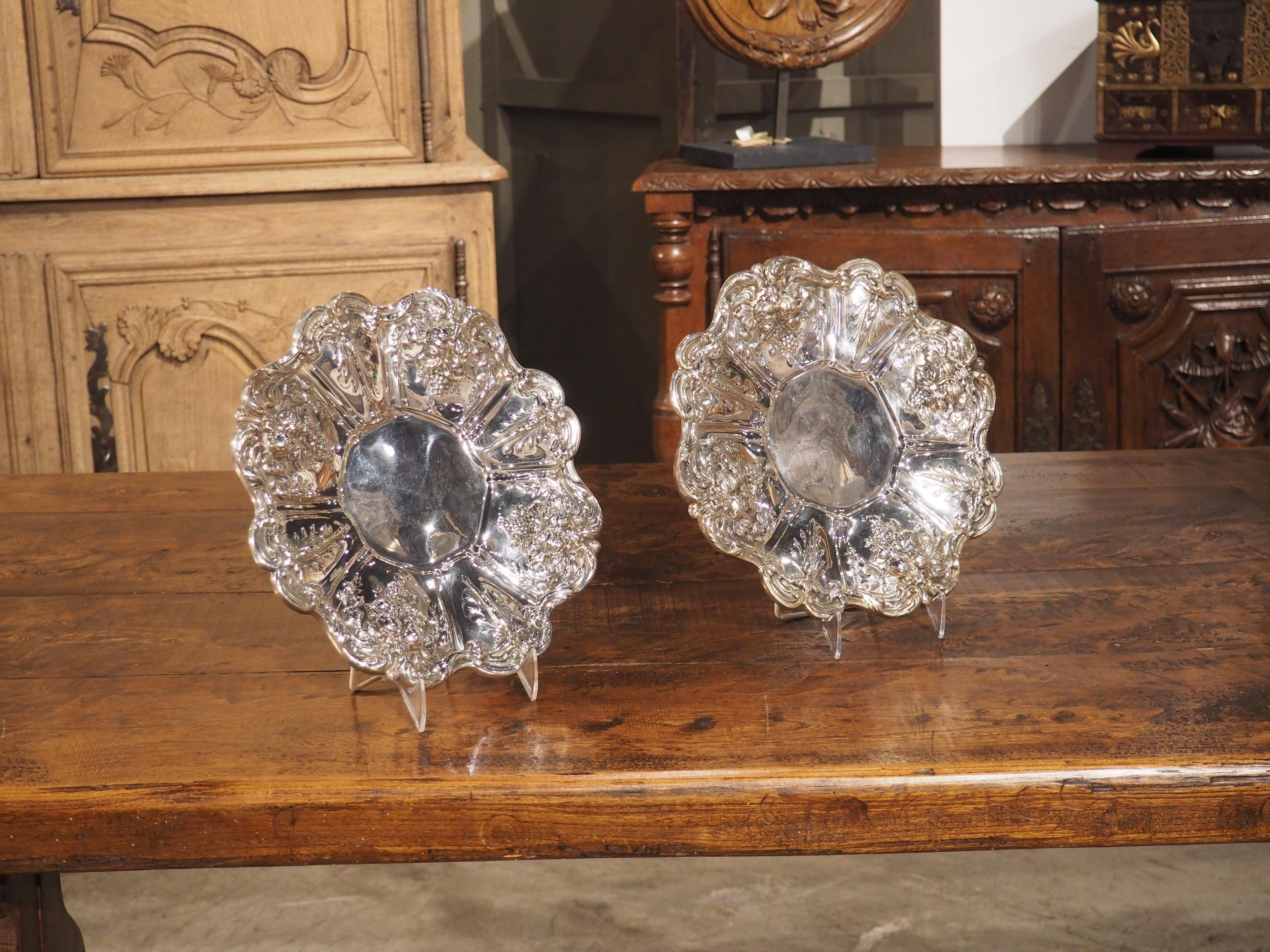 Pair of Scalloped Sterling Silver Platters with Repousse Fruit Motifs For Sale 8