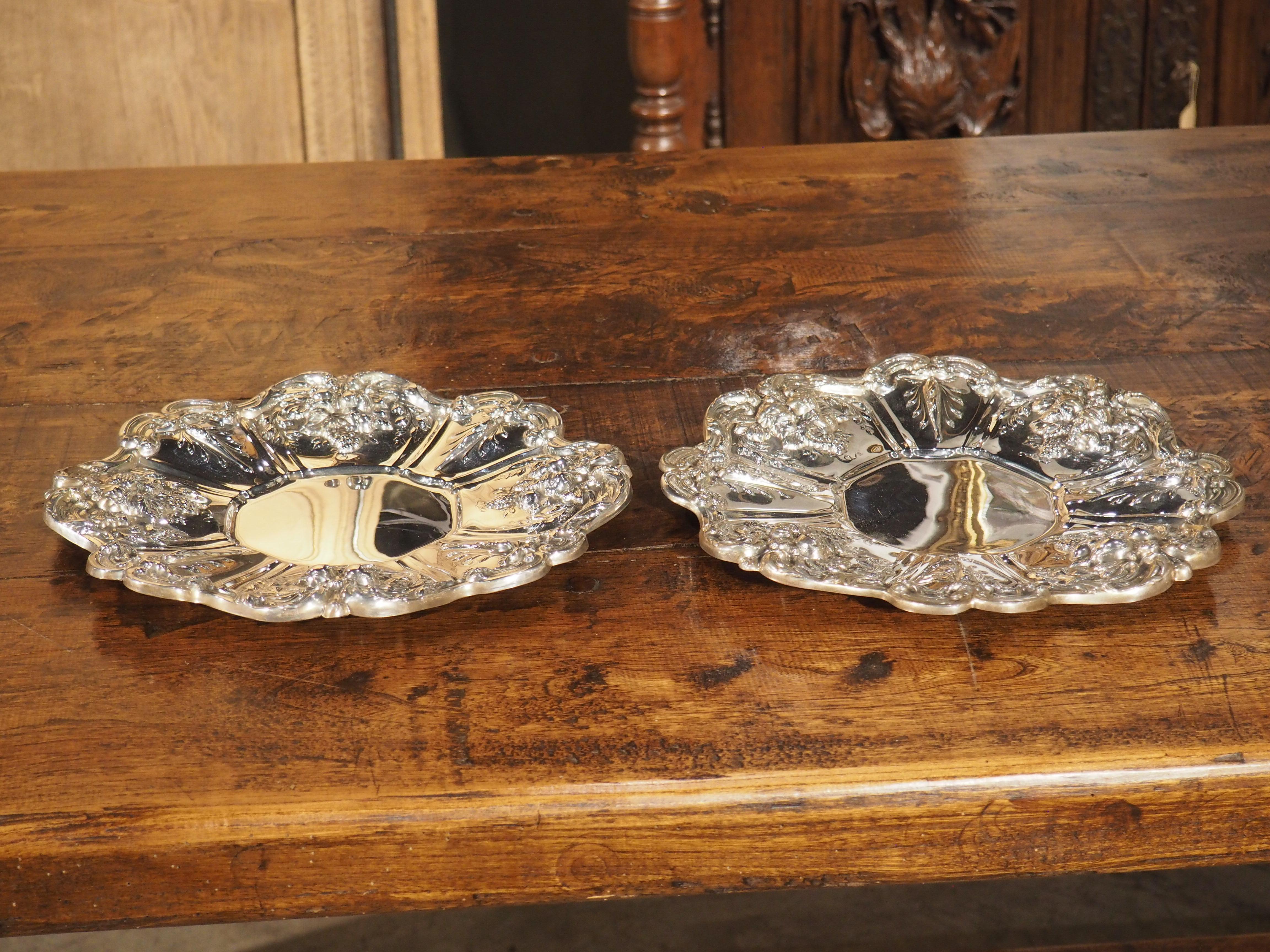 Pair of Scalloped Sterling Silver Platters with Repousse Fruit Motifs For Sale 9