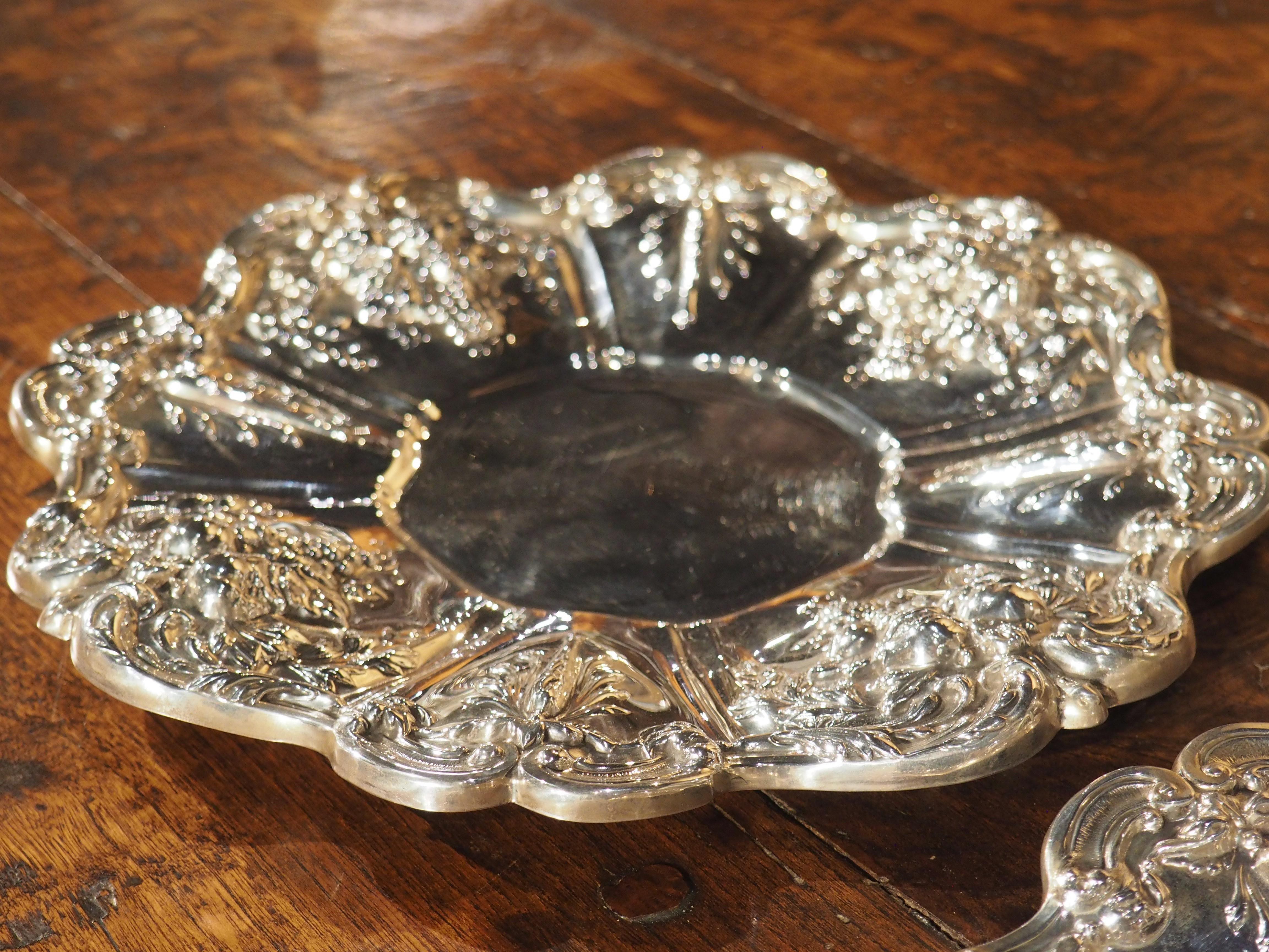 Pair of Scalloped Sterling Silver Platters with Repousse Fruit Motifs For Sale 10