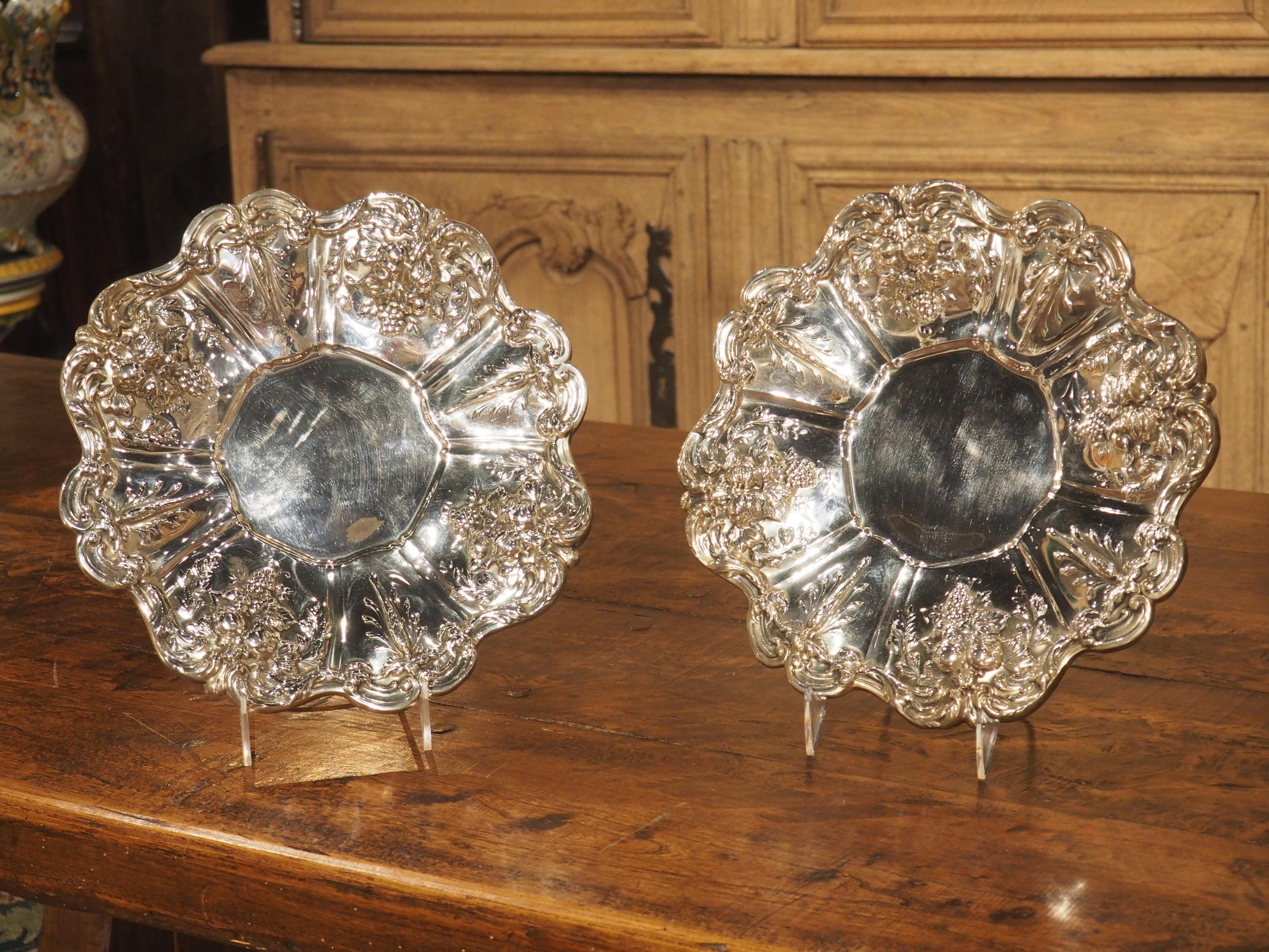 American Pair of Scalloped Sterling Silver Platters with Repousse Fruit Motifs For Sale