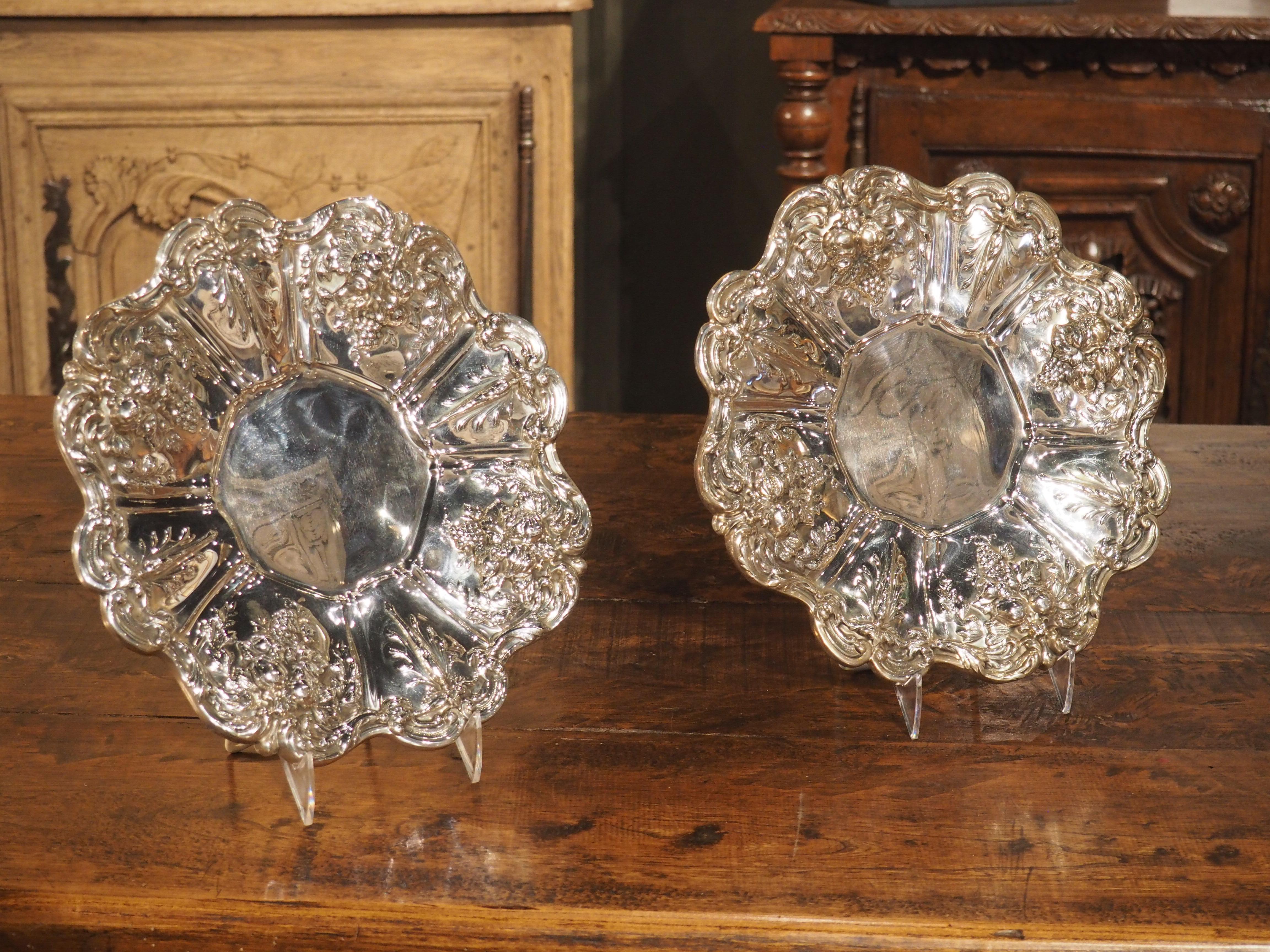 Repoussé Pair of Scalloped Sterling Silver Platters with Repousse Fruit Motifs For Sale