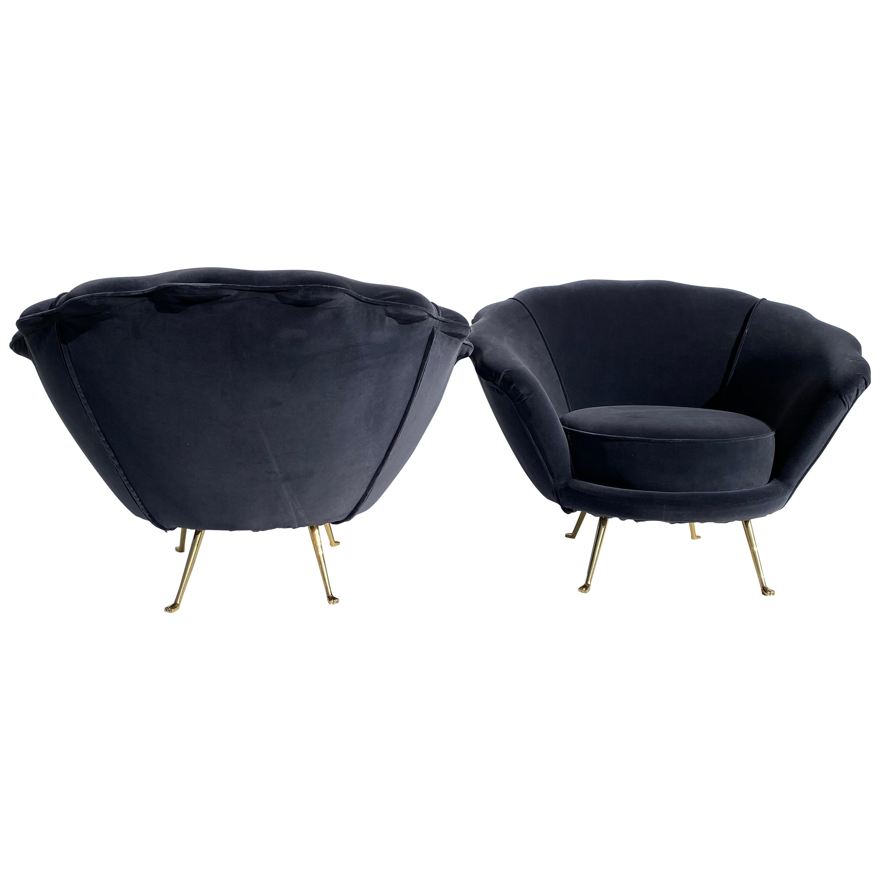 Pair of Scalloped Velvet Lounge Chairs with Brass Legs For Sale