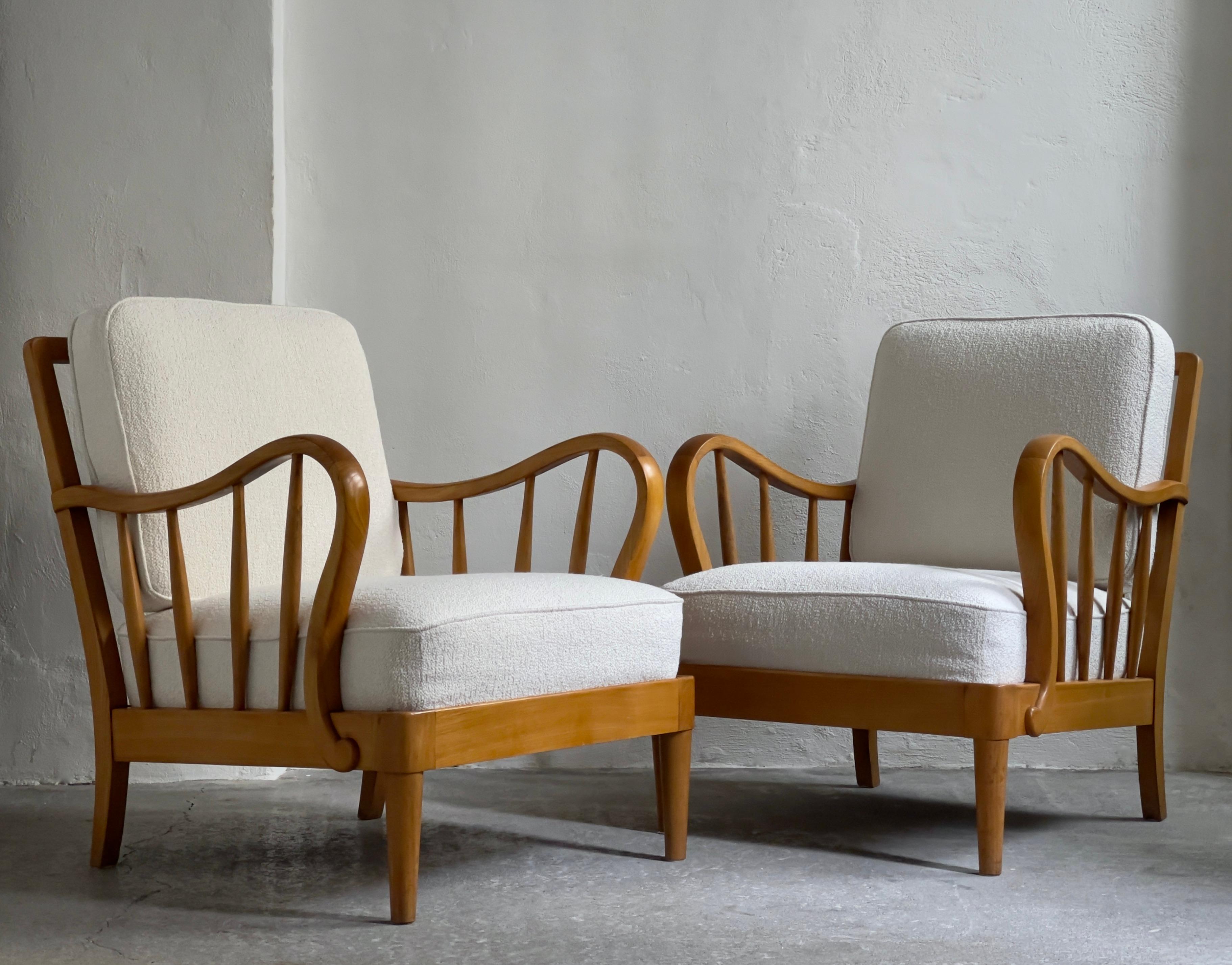 Mid-20th Century Pair of Danish 1930s Easy Chairs in Solid Elm Tree and Premium Bouclé