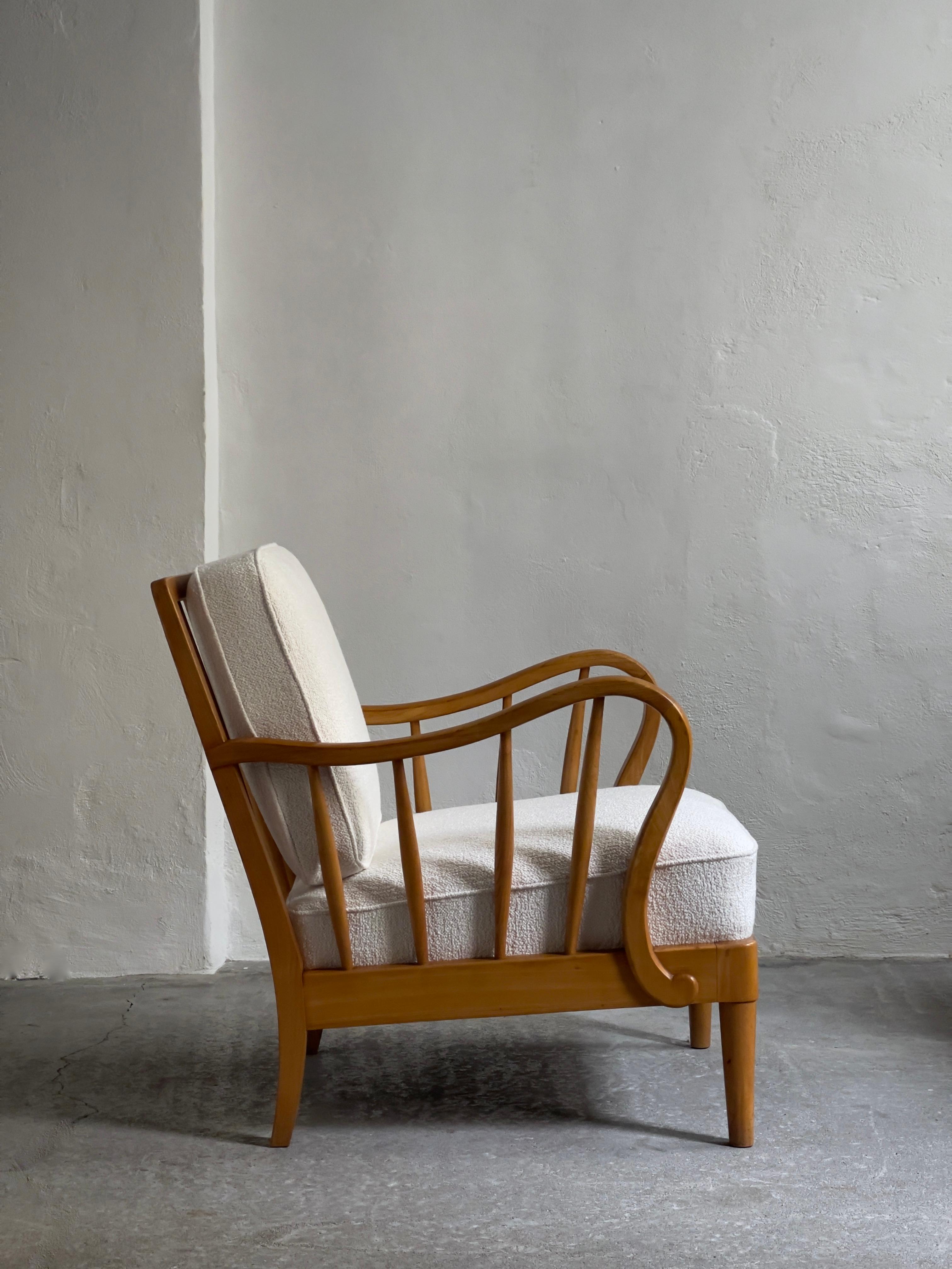 Scandinavian Modern Pair of Danish 1930s Easy Chairs in Solid Elm Tree and Premium Bouclé