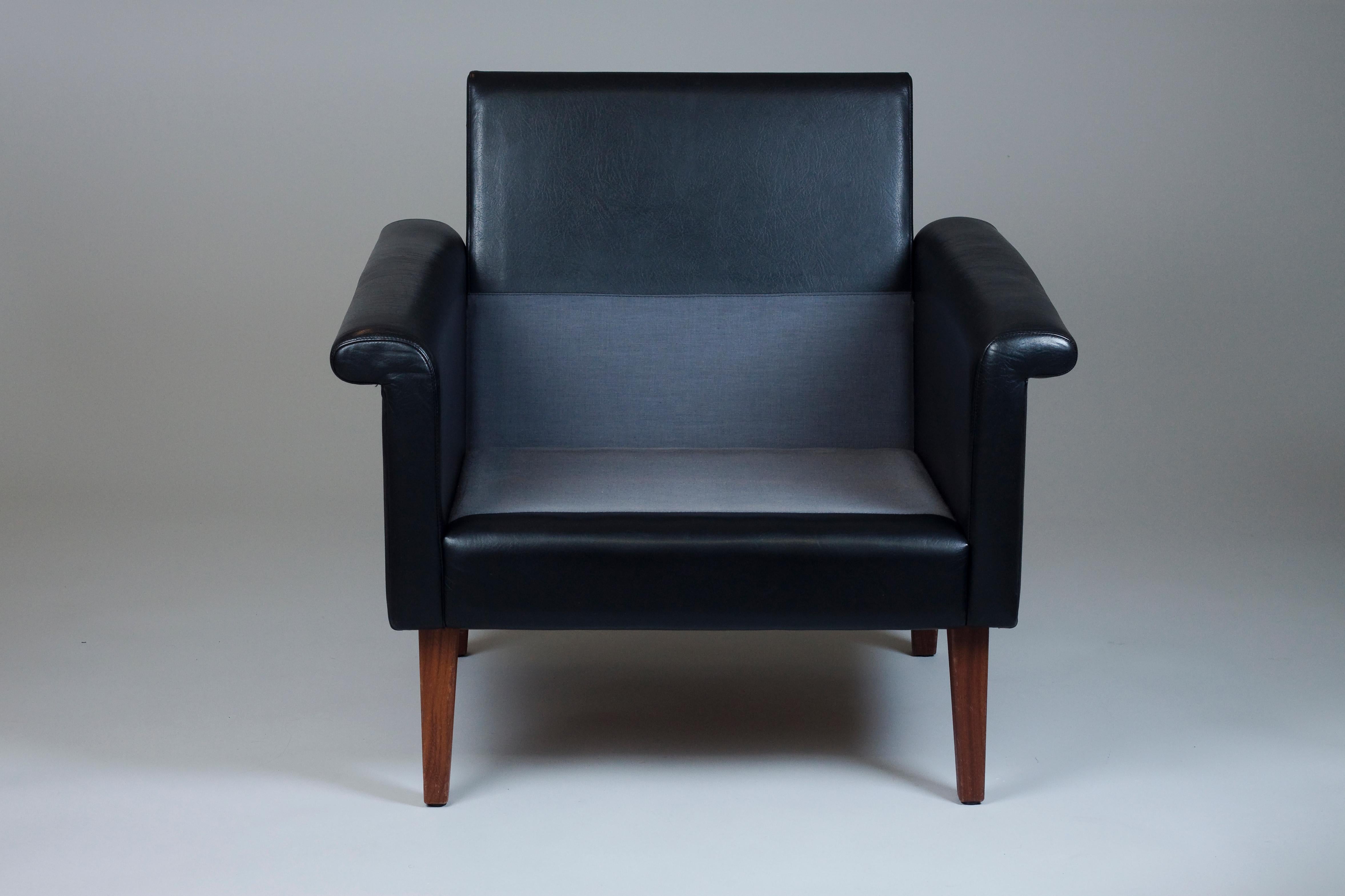Pair of Scandinavian 1960s Black Leather Armchairs with Teak Legs 2