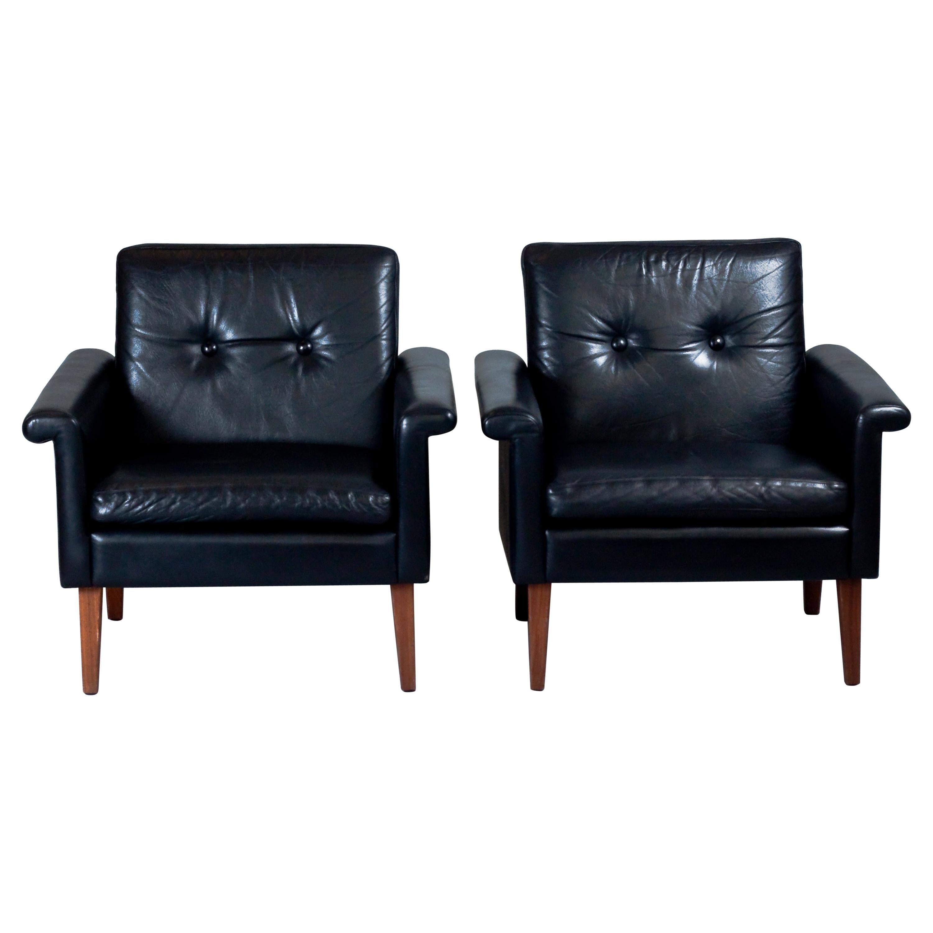 Pair of Scandinavian 1960s Black Leather Armchairs with Teak Legs