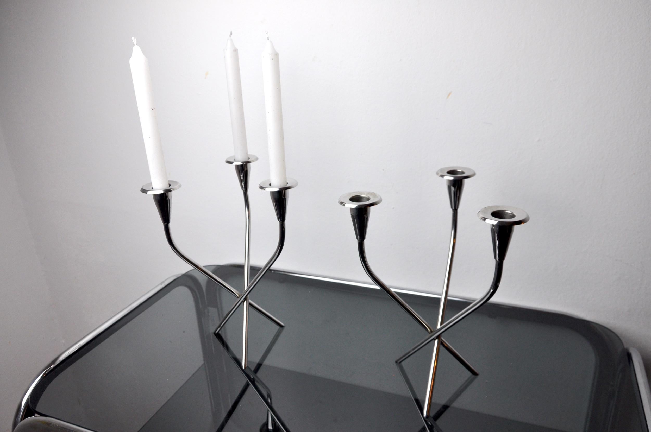Pair of Scandinavian 3-Arm Candlesticks in Alpaca, Sweden, 1970 In Good Condition For Sale In BARCELONA, ES