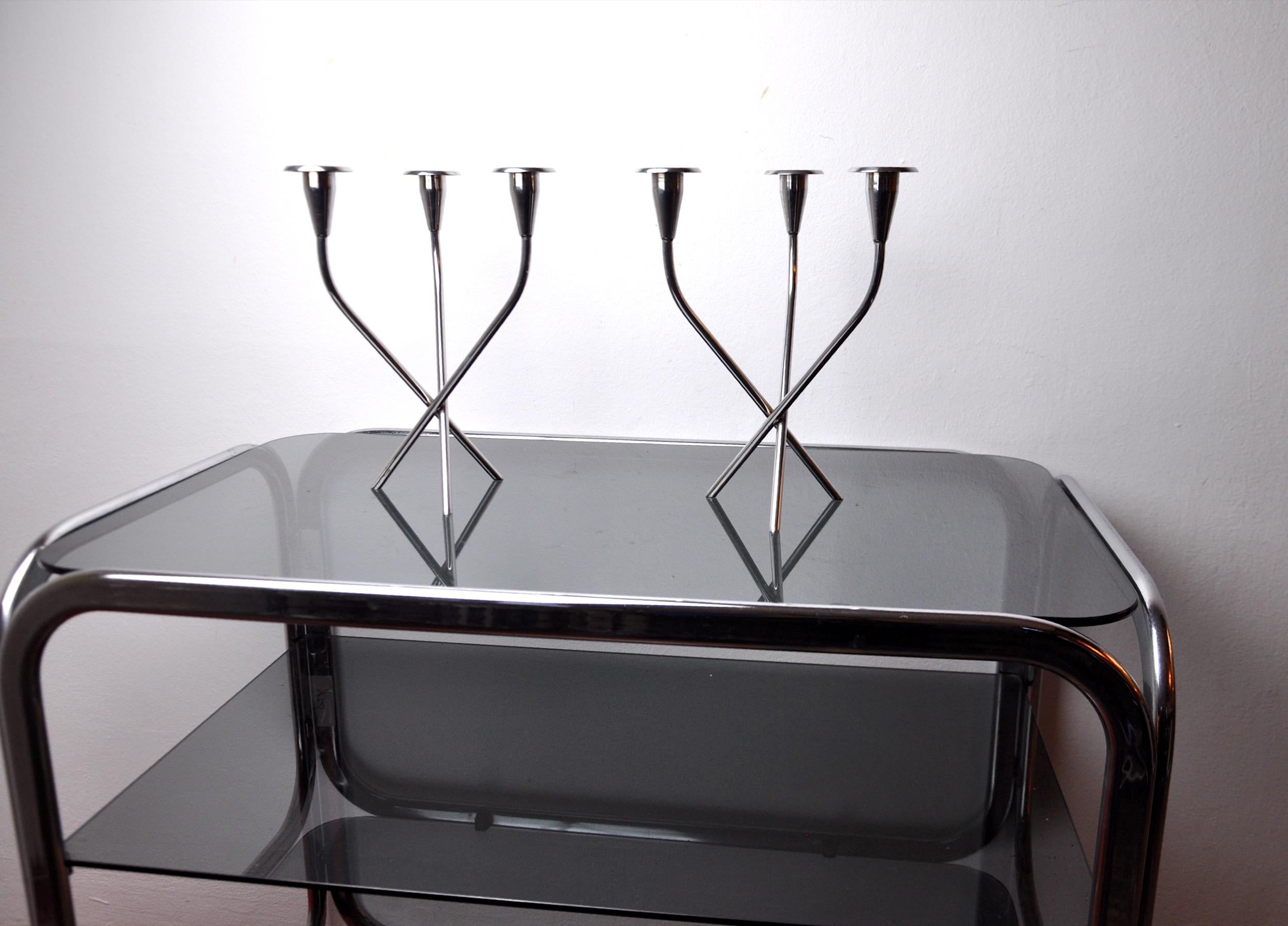 Late 20th Century Pair of Scandinavian 3-Arm Candlesticks in Alpaca, Sweden, 1970 For Sale