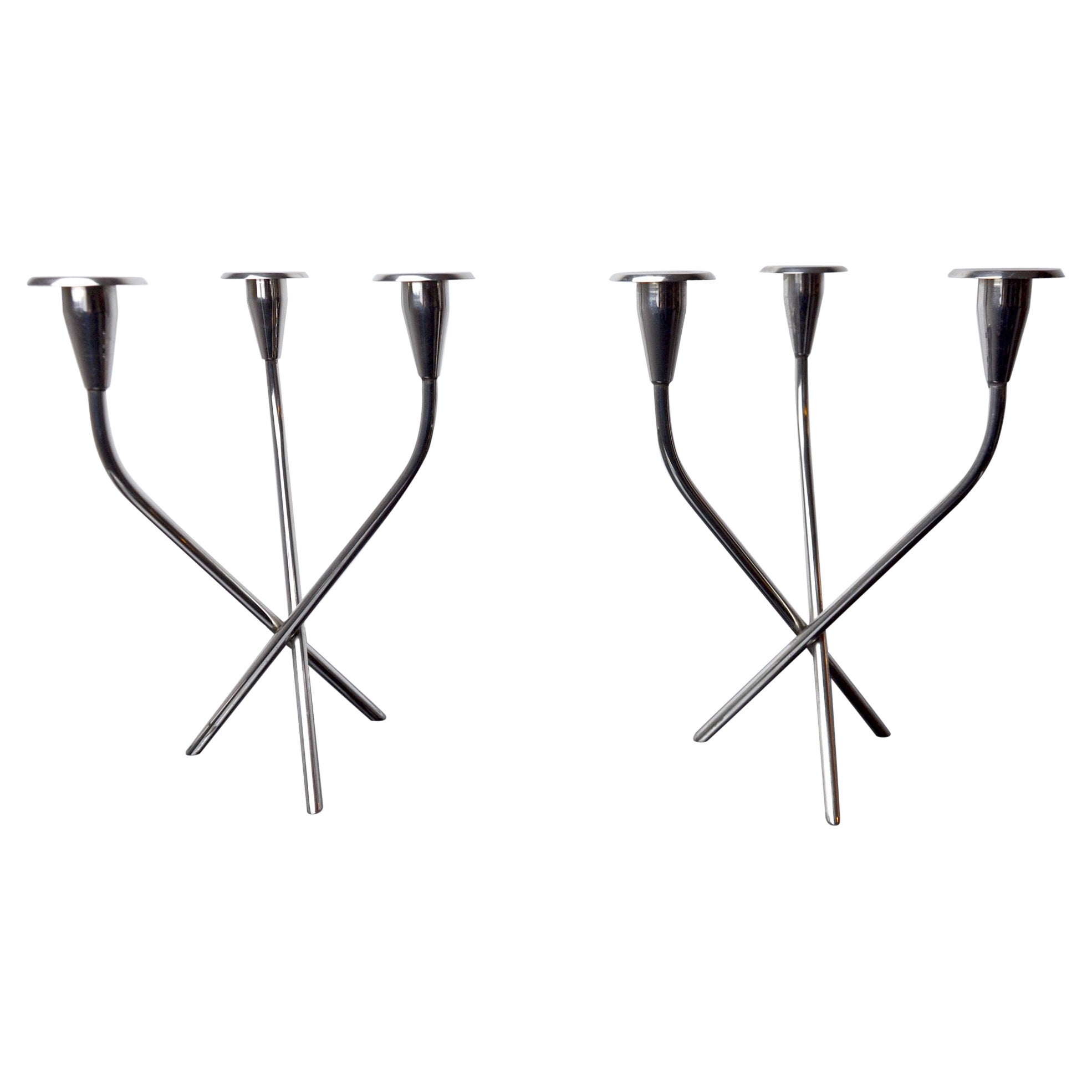 Pareja de candelabros escandinavos de 3 brazos en alpaca, Suecia, 1970