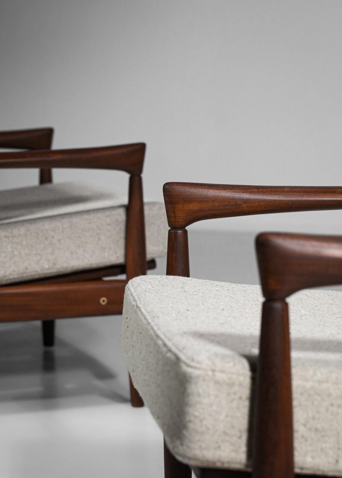 Pair of Scandinavian Armchairs Erik Worts Solid Teak and Wool from the 60s 11