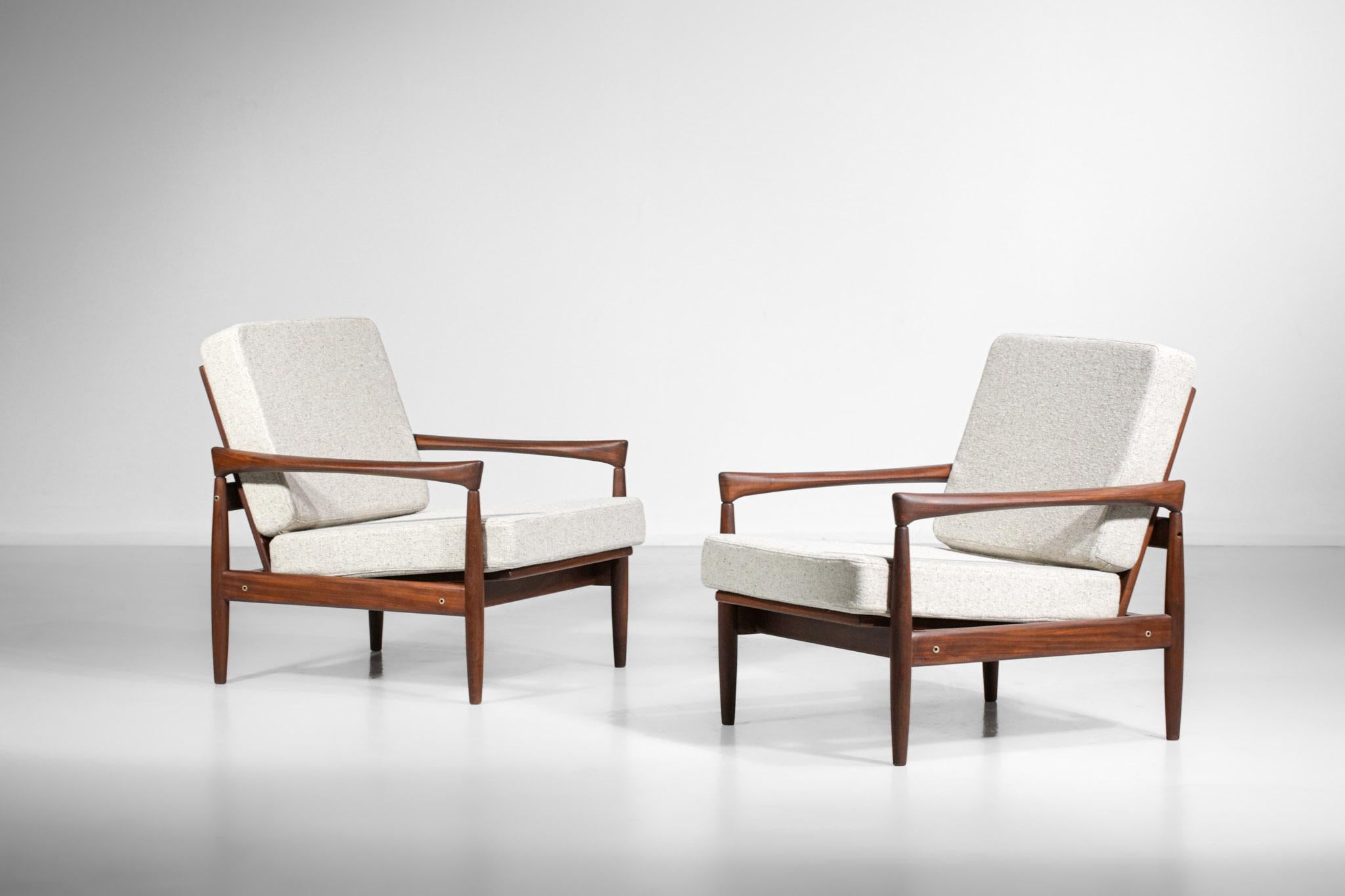 Mid-Century Modern Pair of Scandinavian Armchairs Erik Worts Solid Teak and Wool from the 60s