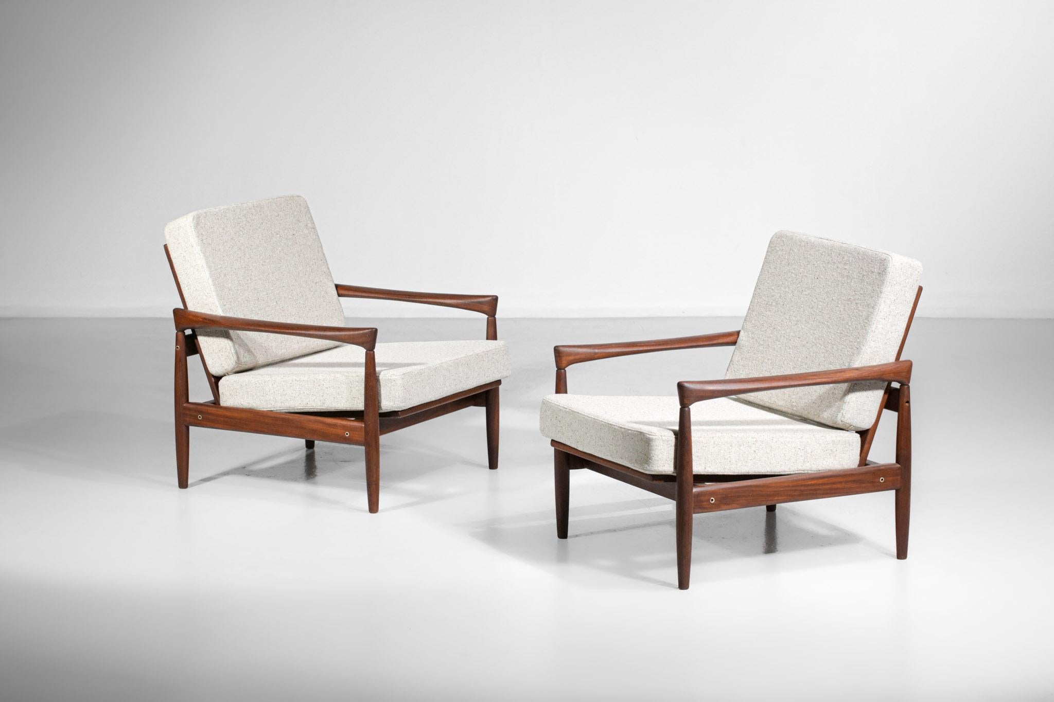 Pair of Scandinavian Armchairs Erik Worts Solid Teak and Wool from the 60s In Excellent Condition In Lyon, FR