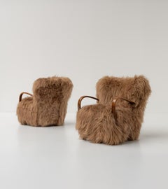 Pair of Scandinavian Armchairs in Long Haired Sheepskin, 1950s