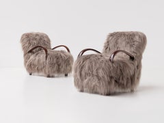 Pair of Scandinavian Armchairs in Long Haired Sheepskin, 1950s