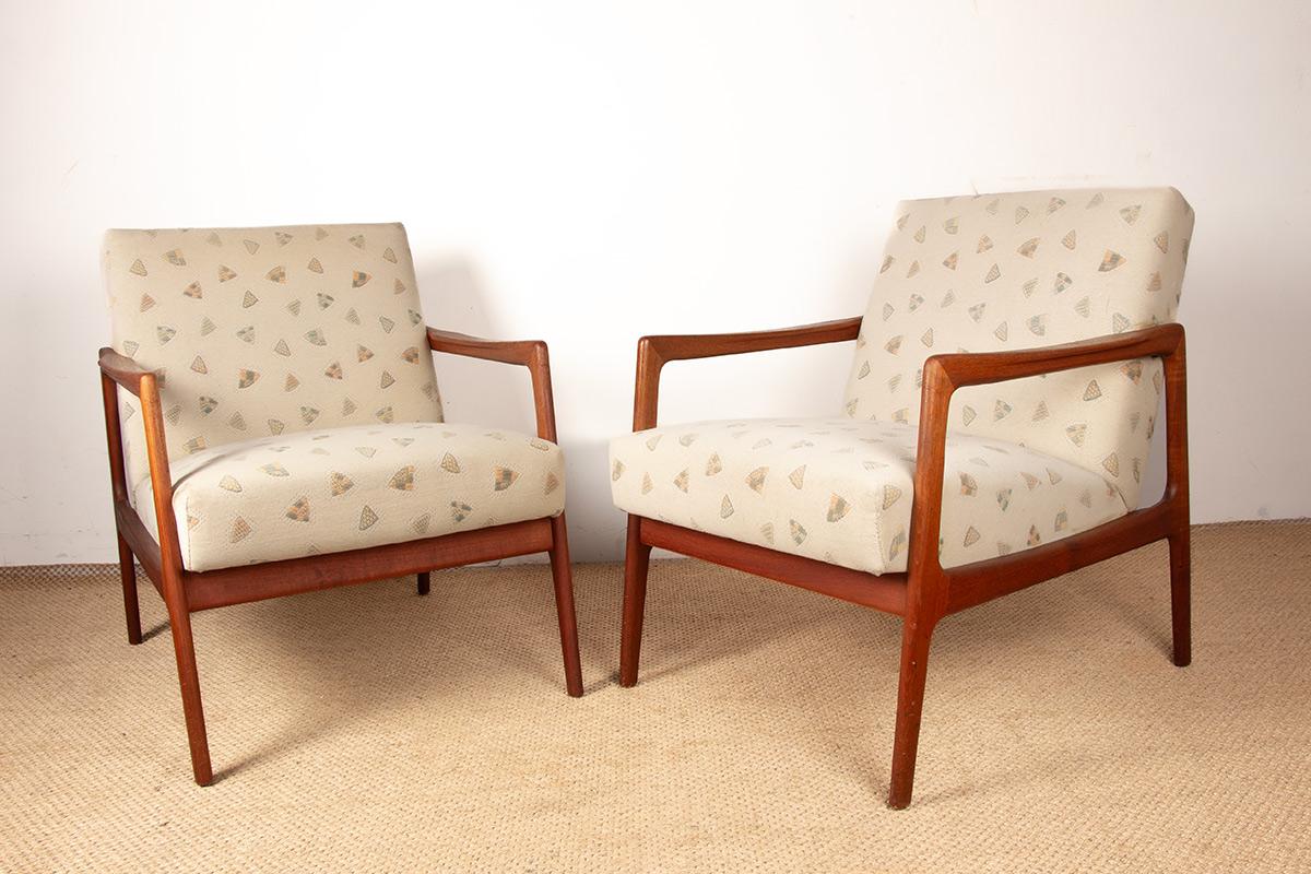 Pair of Scandinavian armchairs in teak and new fabric, 1960. For Sale 13