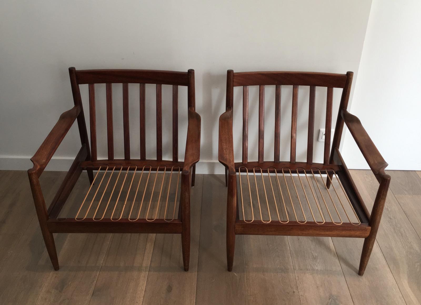 French Pair of Scandinavian Armchairs, Marked, circa 1970