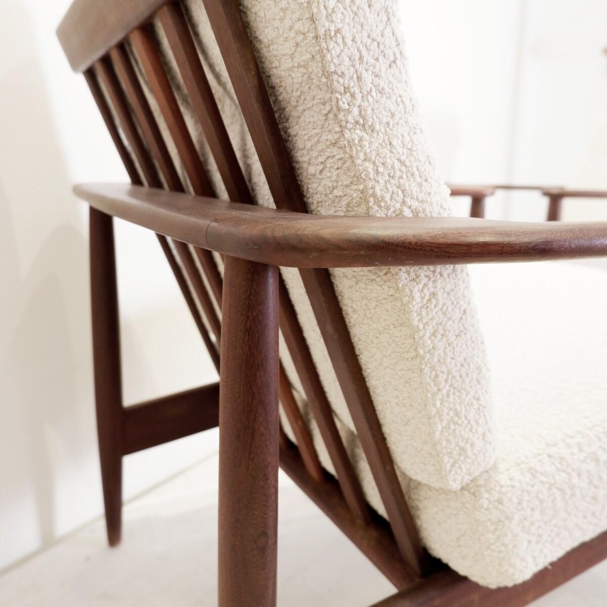 Mid-Century Modern Pair of Scandinavian armchairs - New White Bouclette Fabric For Sale