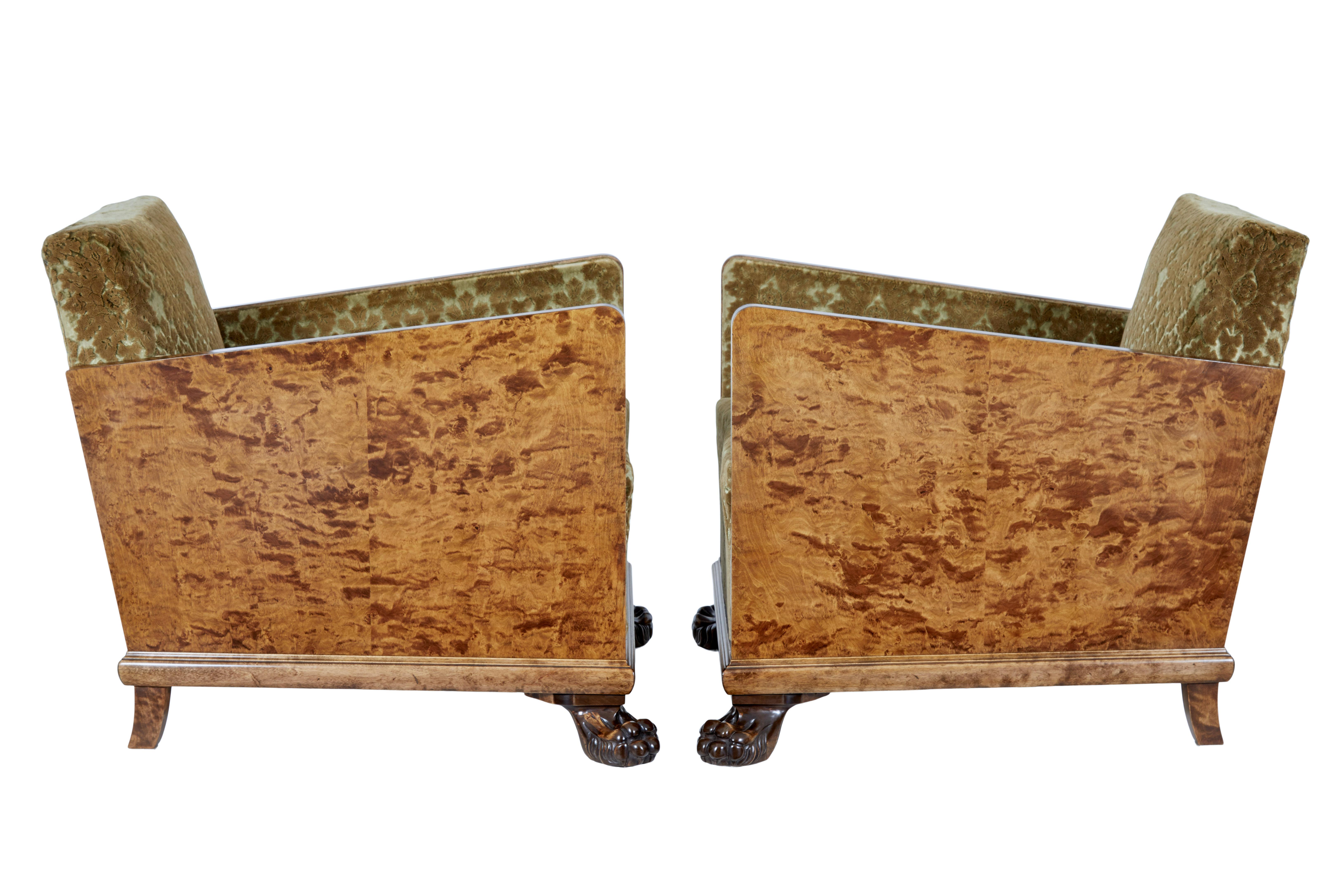 Hand-Carved Pair of Scandinavian Art Deco Birch Club Armchairs