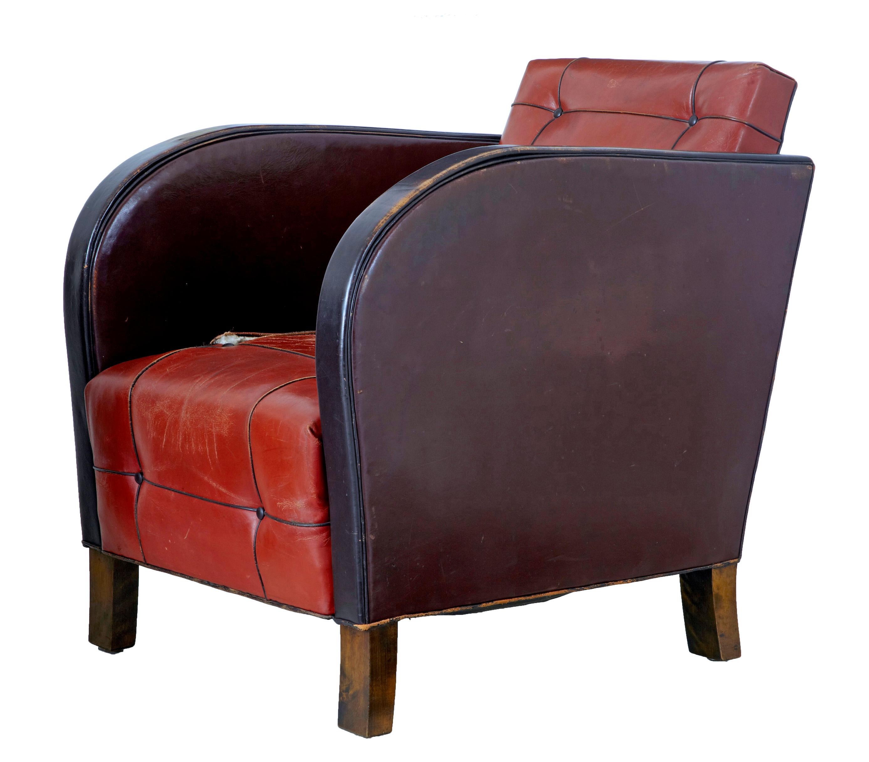 Woodwork Pair of Scandinavian Art Deco Leather Club Armchairs