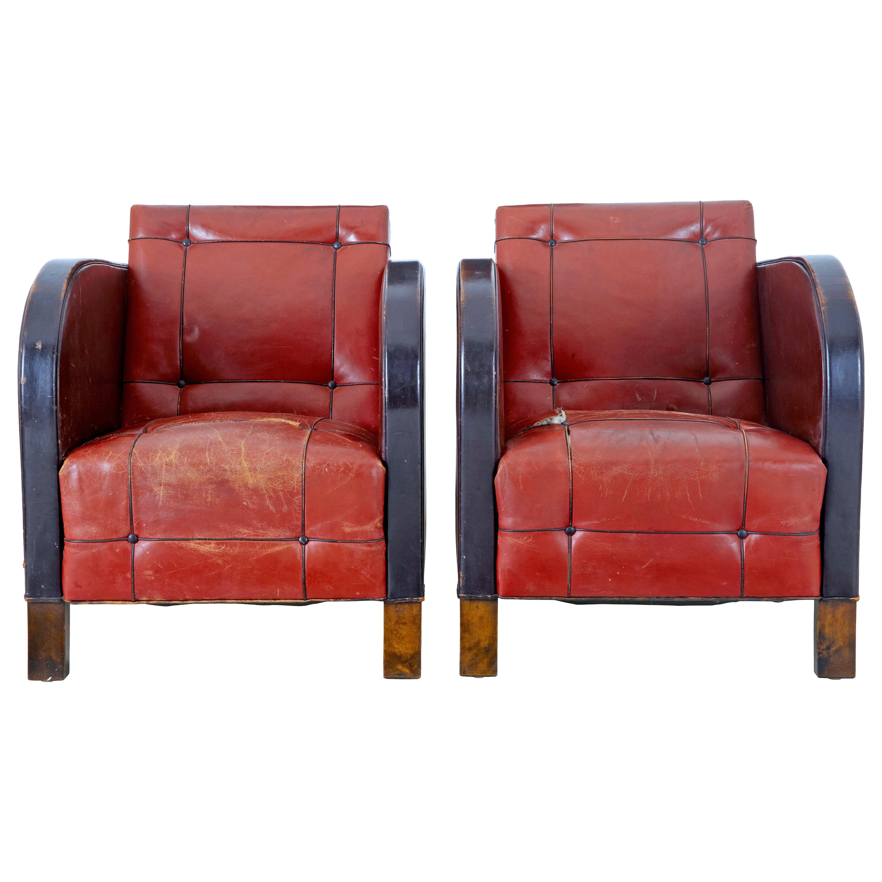 Pair of Scandinavian Art Deco Leather Club Armchairs
