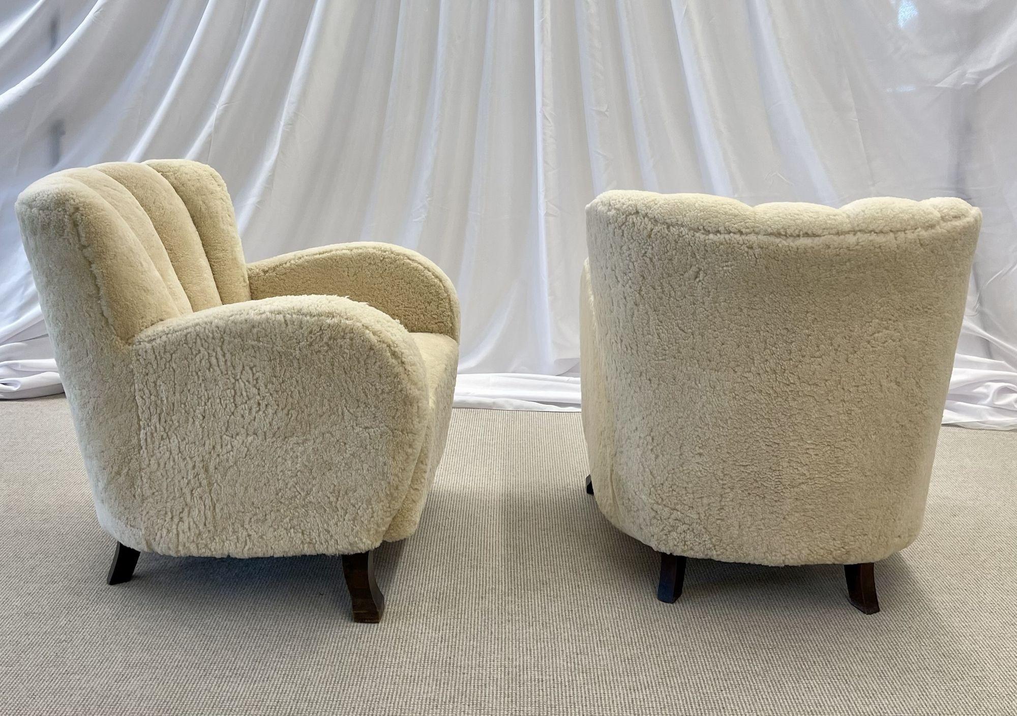 Swedish Mid-Century Modern, Art Deco Lounge Chairs, Sheepskin, Wood, 1930s For Sale 8