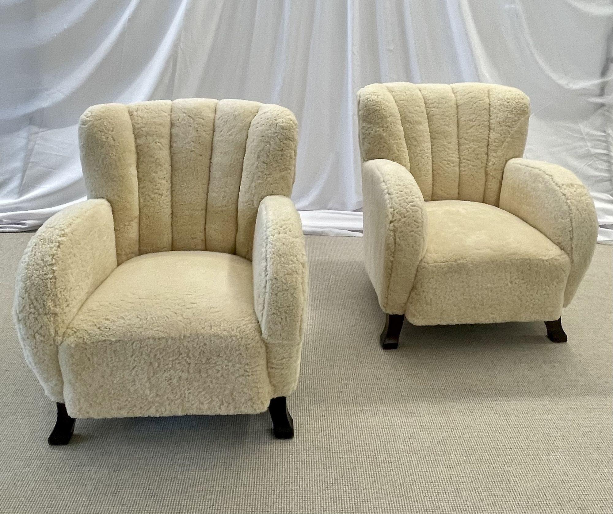 20th Century Swedish Mid-Century Modern, Art Deco Lounge Chairs, Sheepskin, Wood, 1930s For Sale
