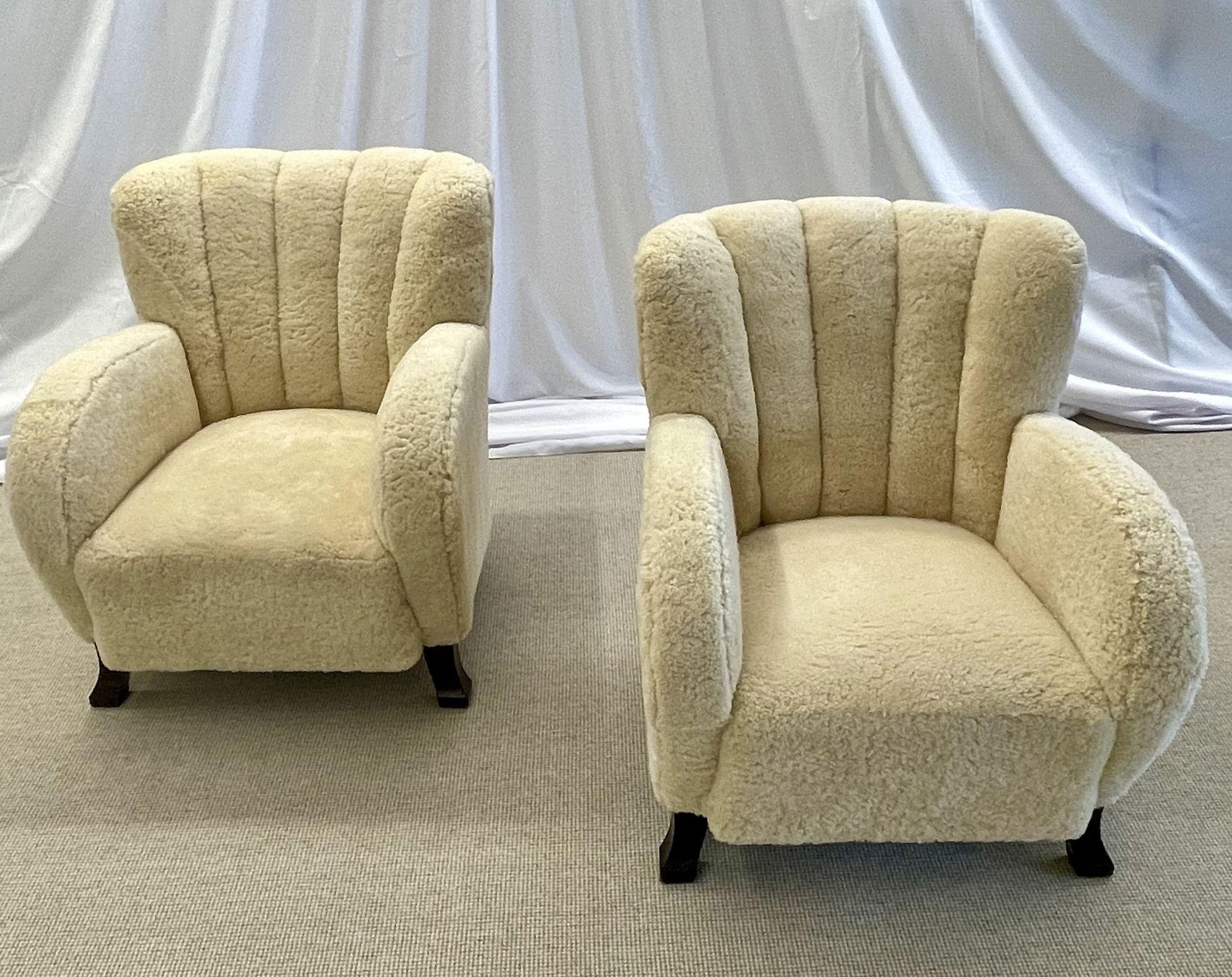 Swedish Mid-Century Modern, Art Deco Lounge Chairs, Sheepskin, Wood, 1930s 1