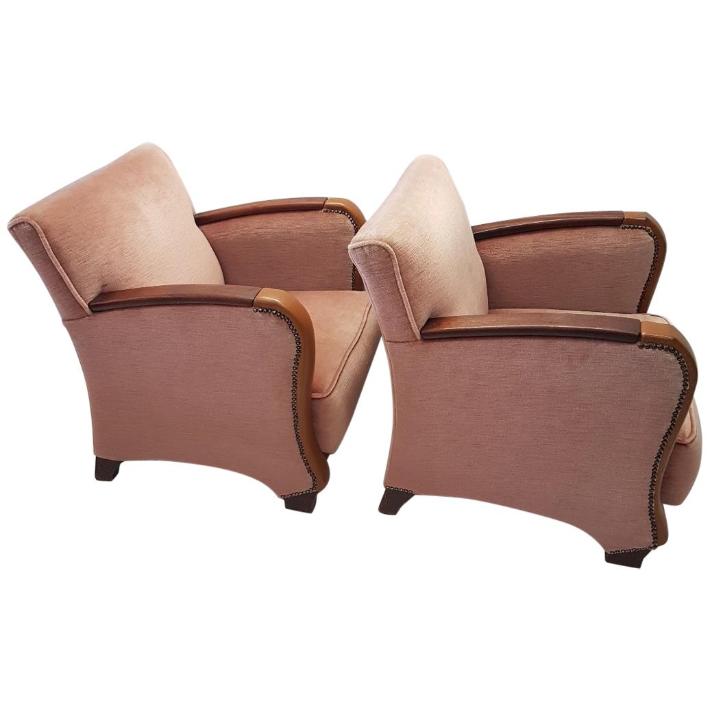 Pair of Scandinavian Art Deco Pink Mohair Club Chairs, 1930s For Sale