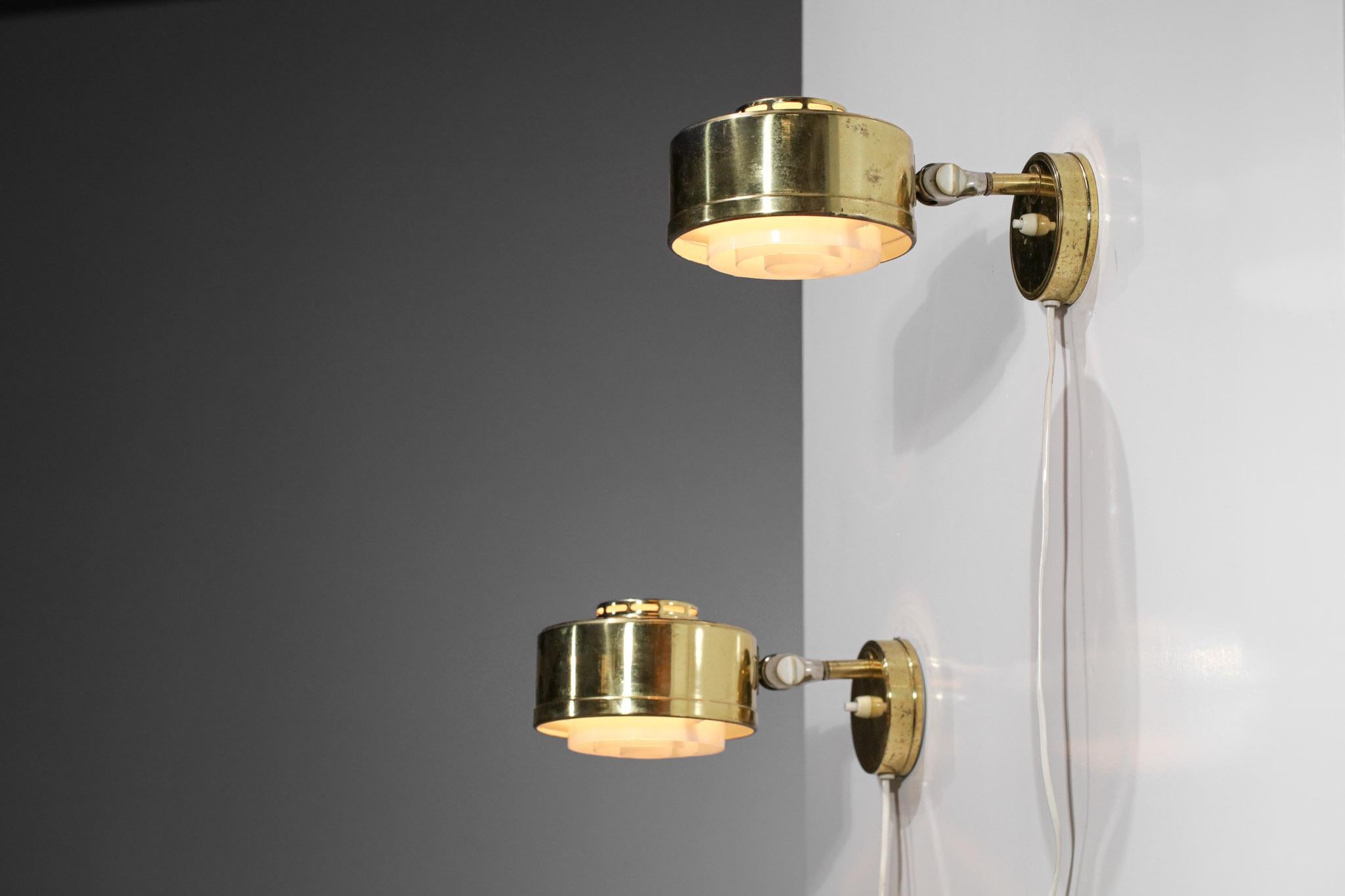Pair of Scandinavian ASEA 60's Round Brass Sconces Swedish D068 For Sale 5