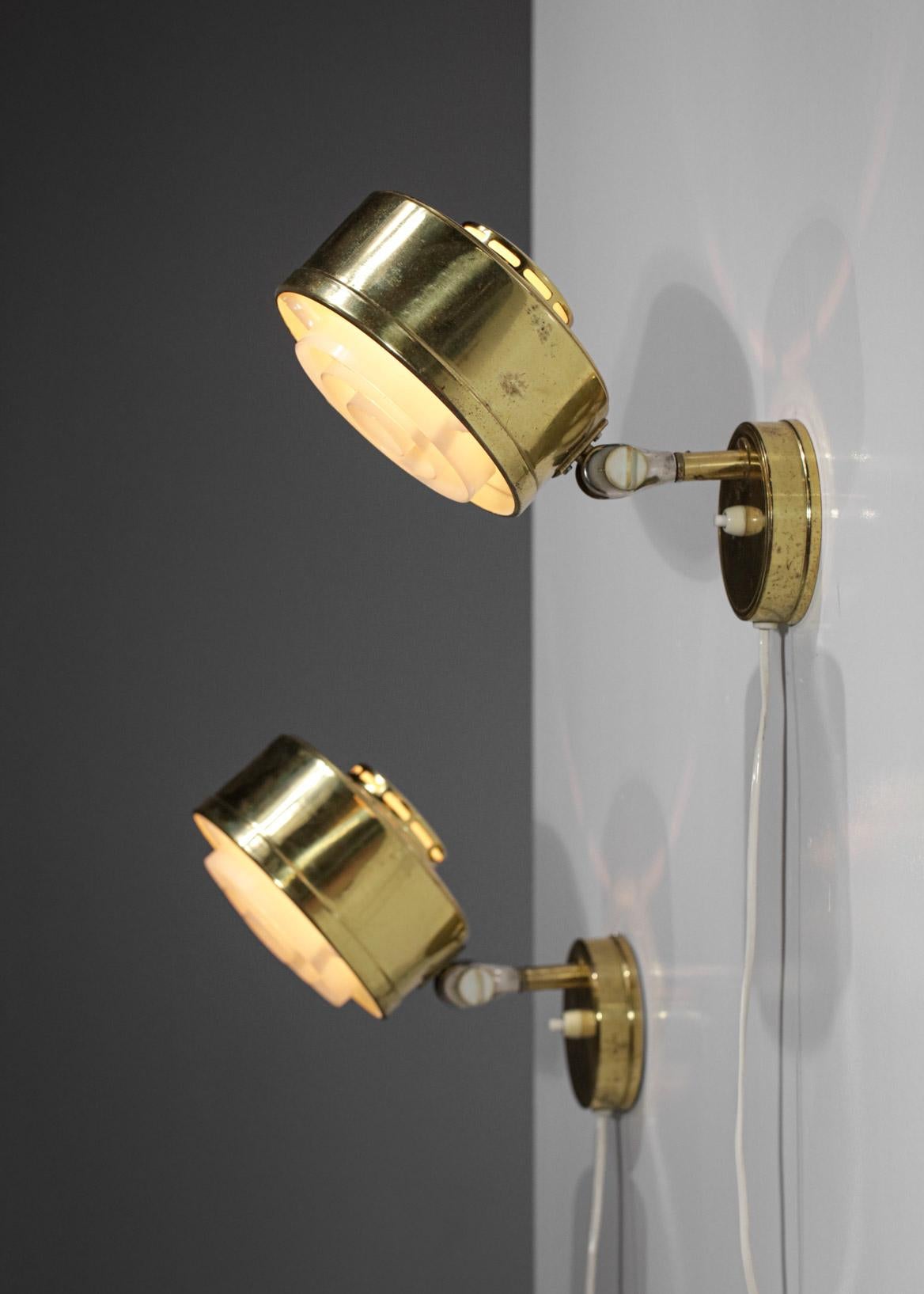Mid-20th Century Pair of Scandinavian ASEA 60's Round Brass Sconces Swedish D068 For Sale