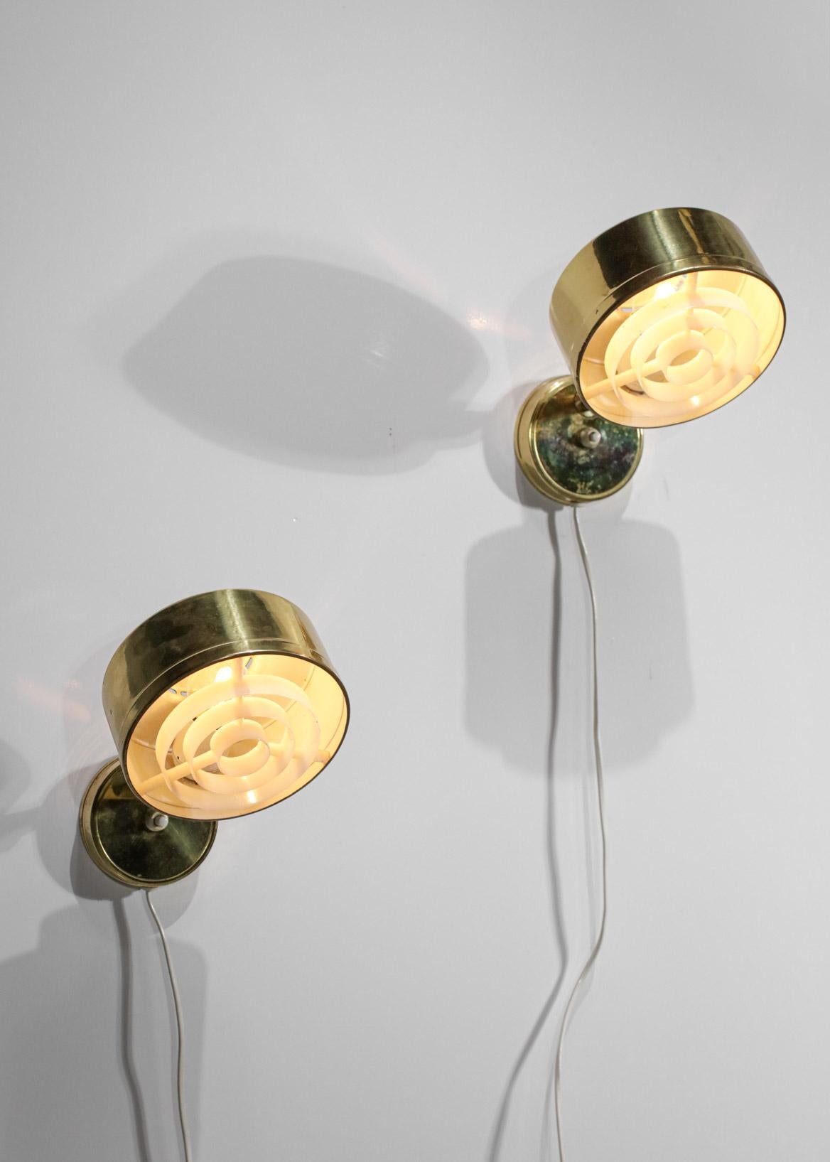 Pair of Scandinavian ASEA 60's Round Brass Sconces Swedish D068 For Sale 4