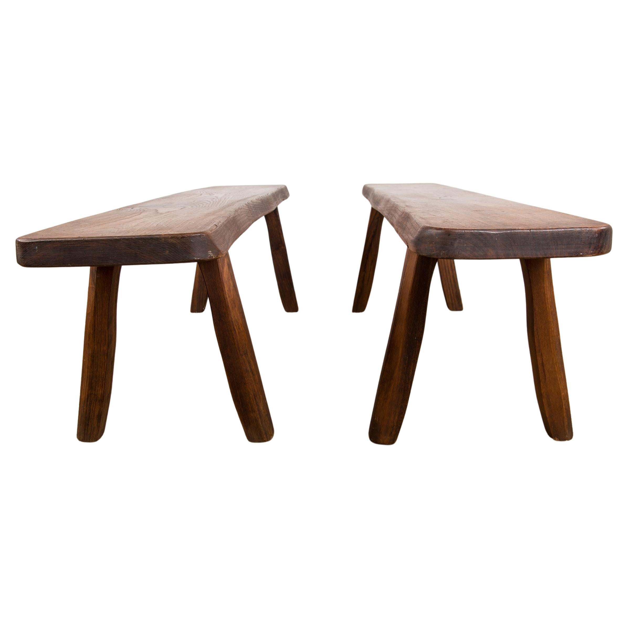 Pair of Scandinavian benches in Solid Elm by Olavi Hanninen 1960. For Sale