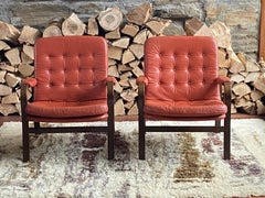 Pair of Scandinavian bentwood and leather lounge chairs - attr to Gote Mobler