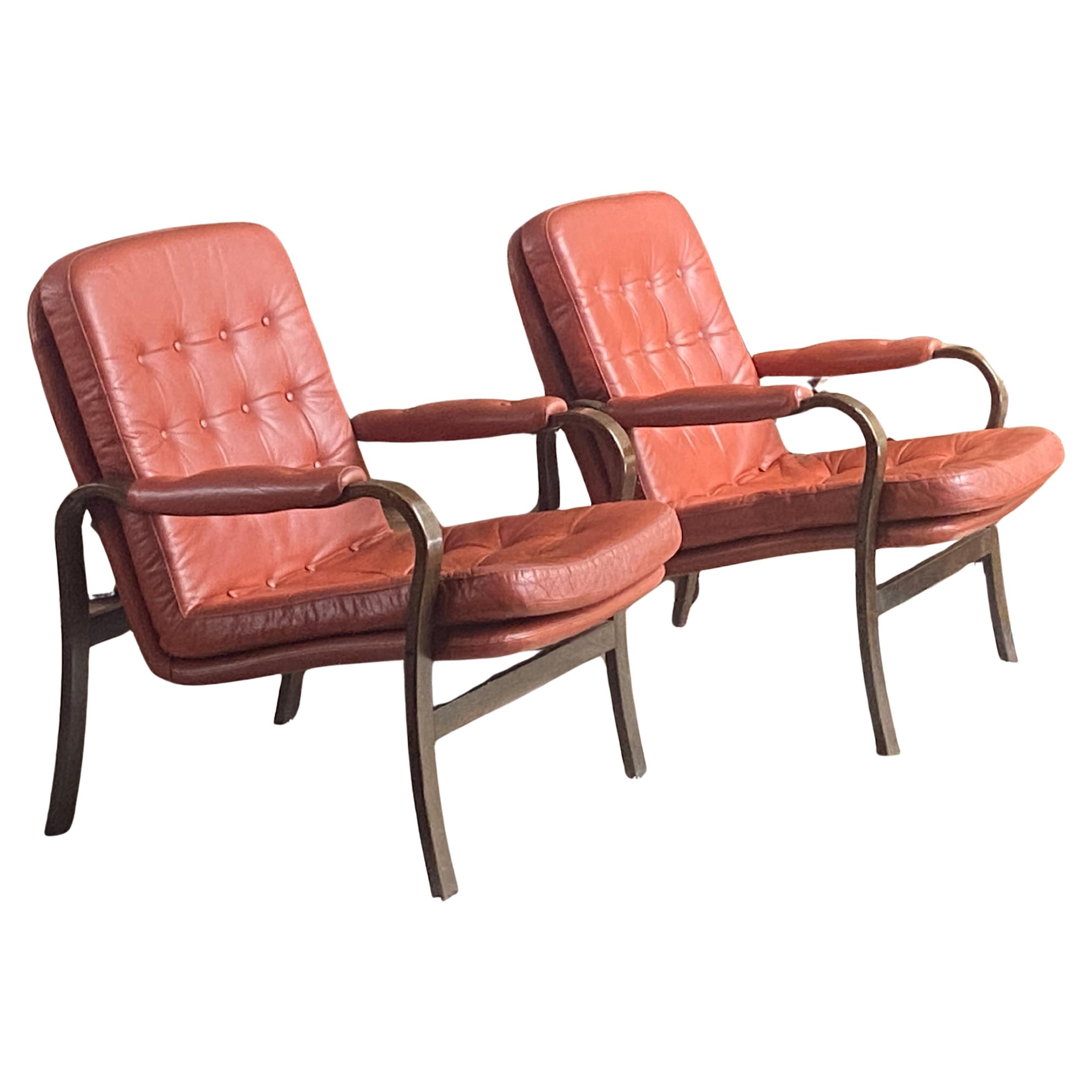 Pair of Scandinavian bentwood and leather lounge chairs - attr to Gote Mobler