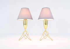 Pair of Scandinavian Brass Tripod Table Lamps with Gray Lampshades, Denmark 60s