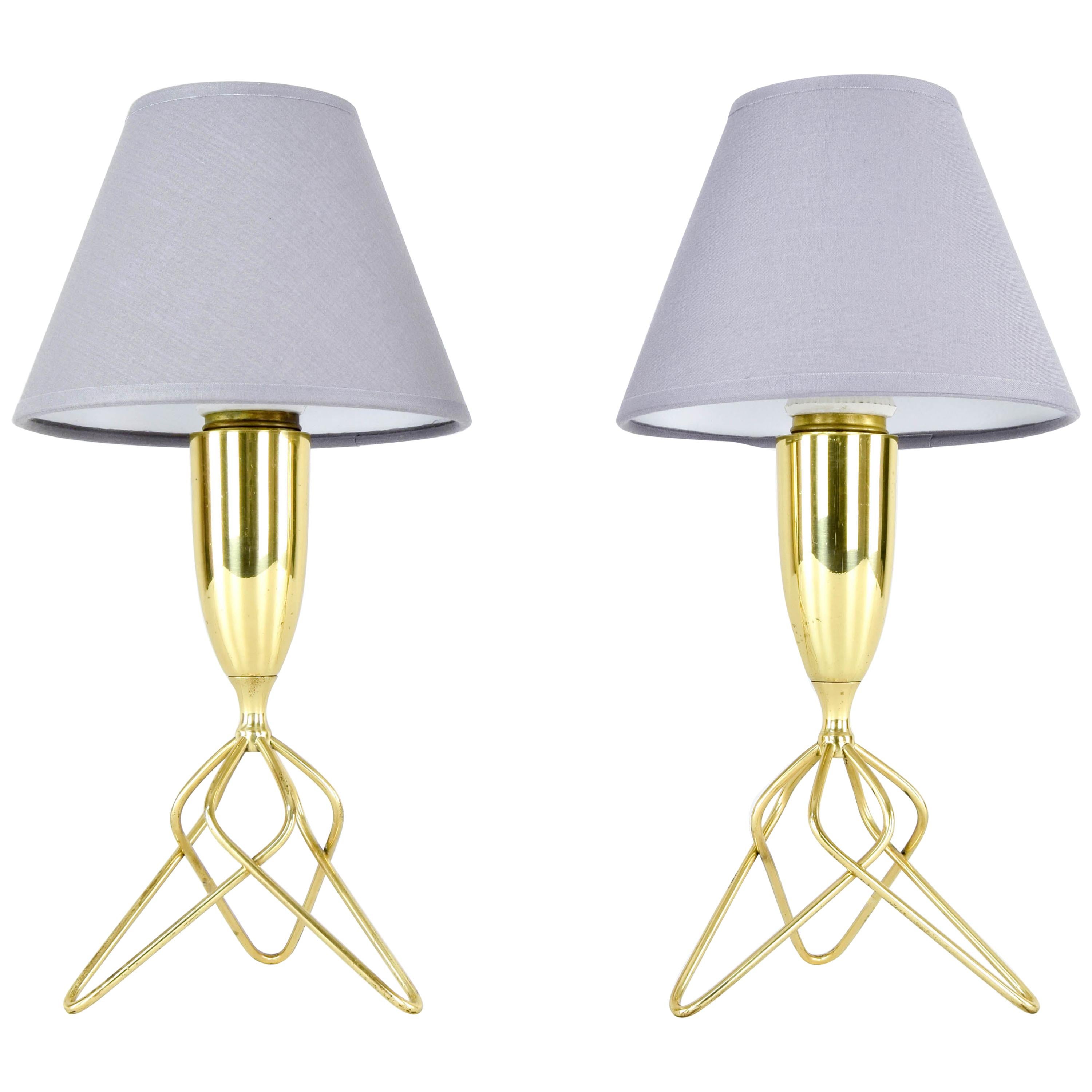 Pair of Scandinavian Brass Tripod Table Lamps with Gray Lampshades, Denmark 60s For Sale