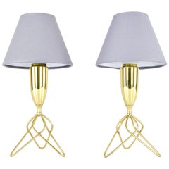 Vintage Pair of Scandinavian Brass Tripod Table Lamps with Gray Lampshades, Denmark 60s