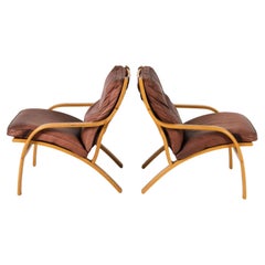 Coppia di sedie da salotto scandinave in pelle marrone e legno di Beeche curvato