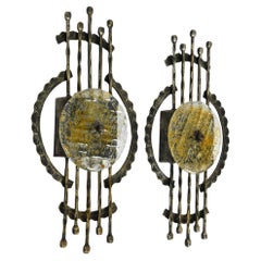 Pair of Scandinavian Brutalist Glass & Metal Wall Lamps C. 1970S