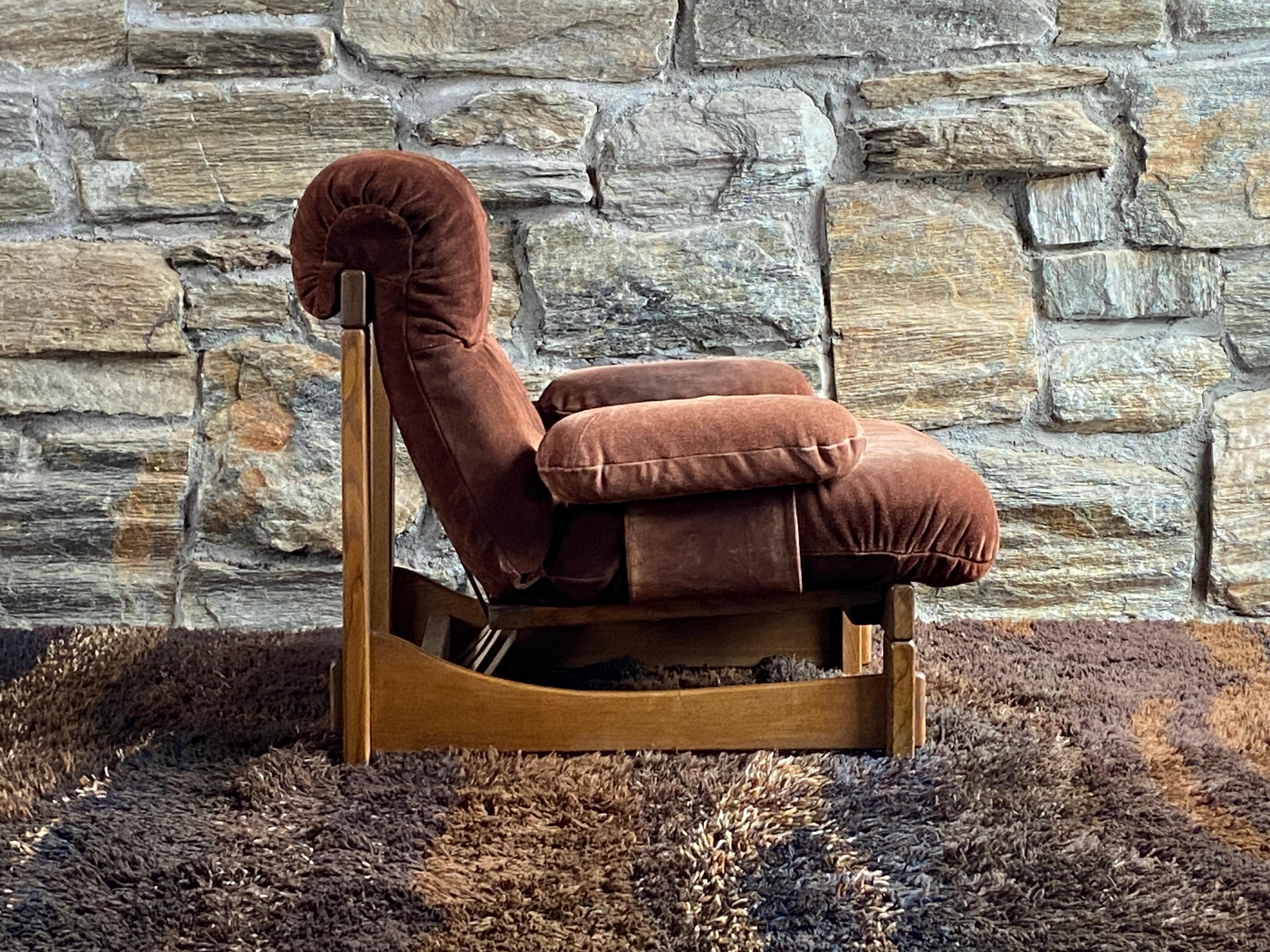 Pair of German Brutalist oak and suede lounge chairs In Good Condition For Sale In Liberty, NY