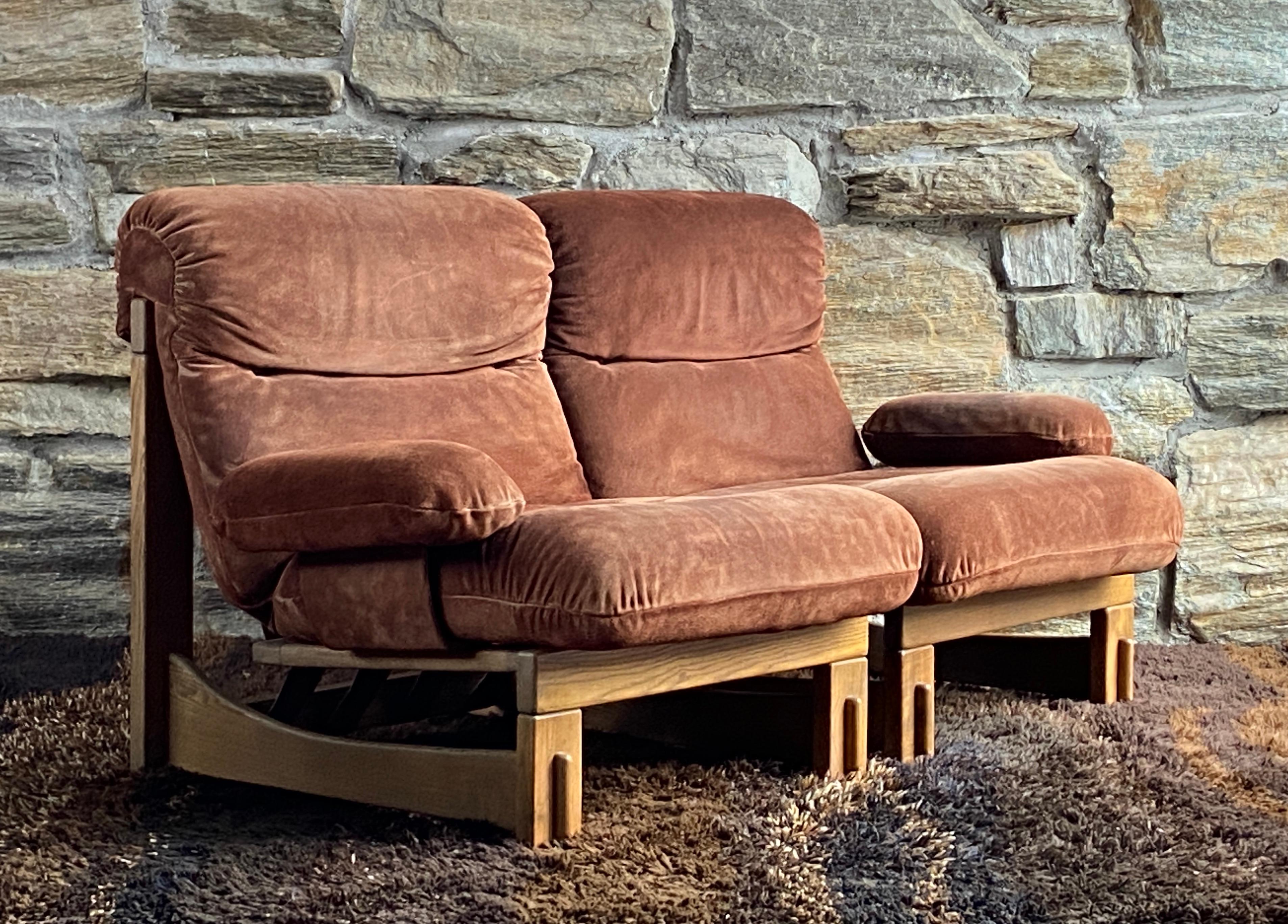 Suede Pair of German Brutalist oak and suede lounge chairs For Sale