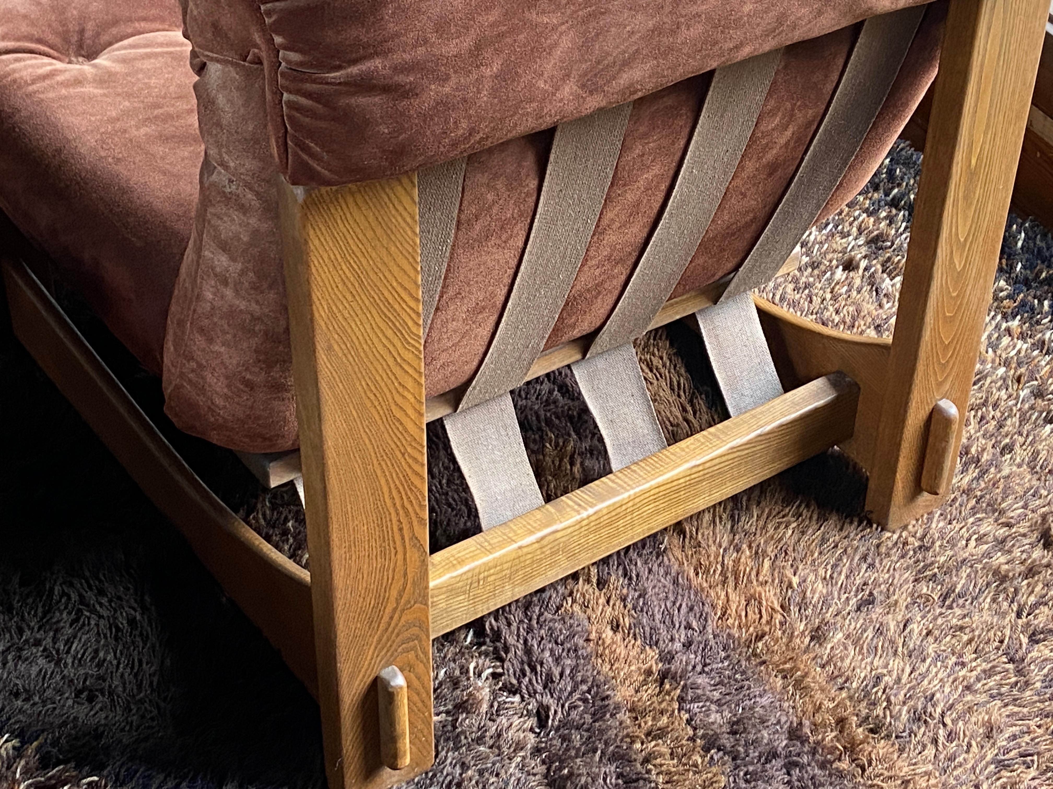 Pair of German Brutalist oak and suede lounge chairs For Sale 2