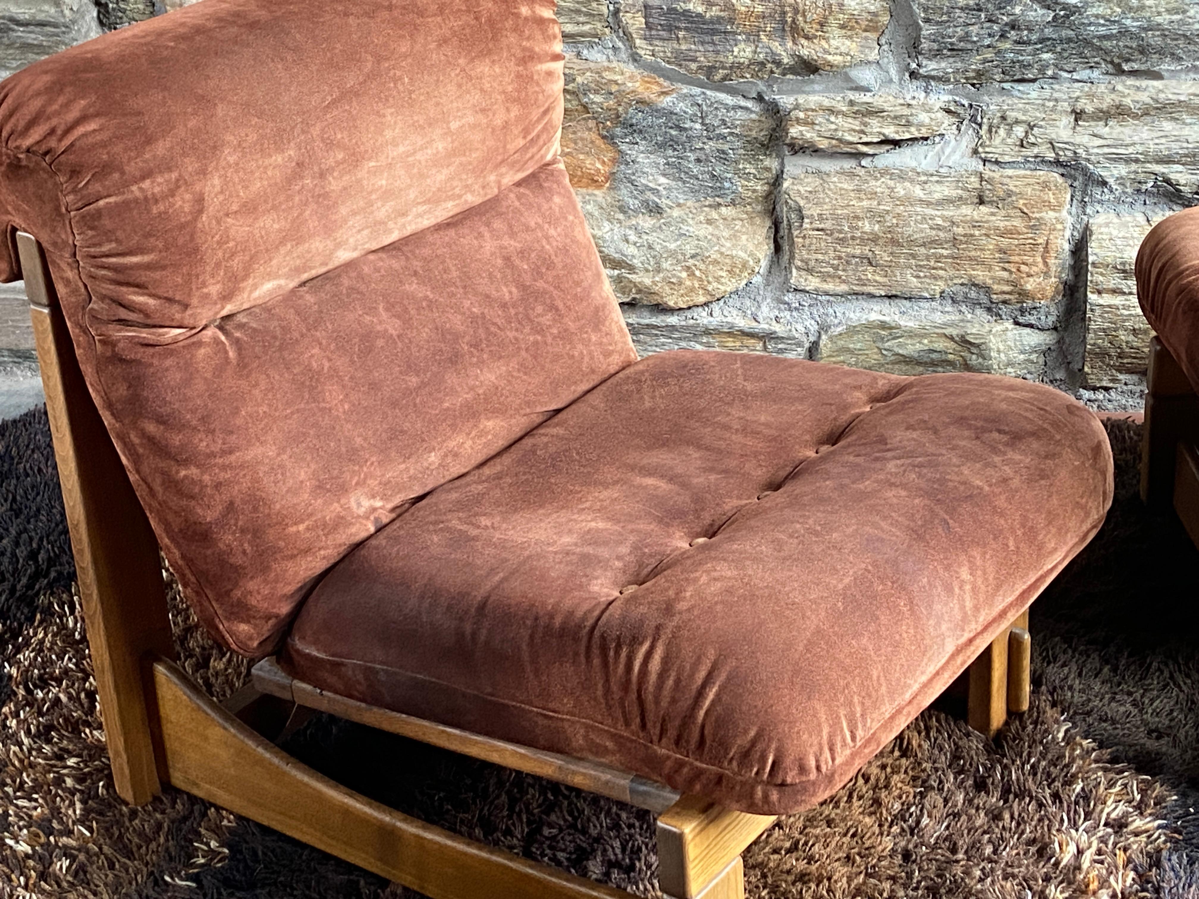 Pair of German Brutalist oak and suede lounge chairs For Sale 3