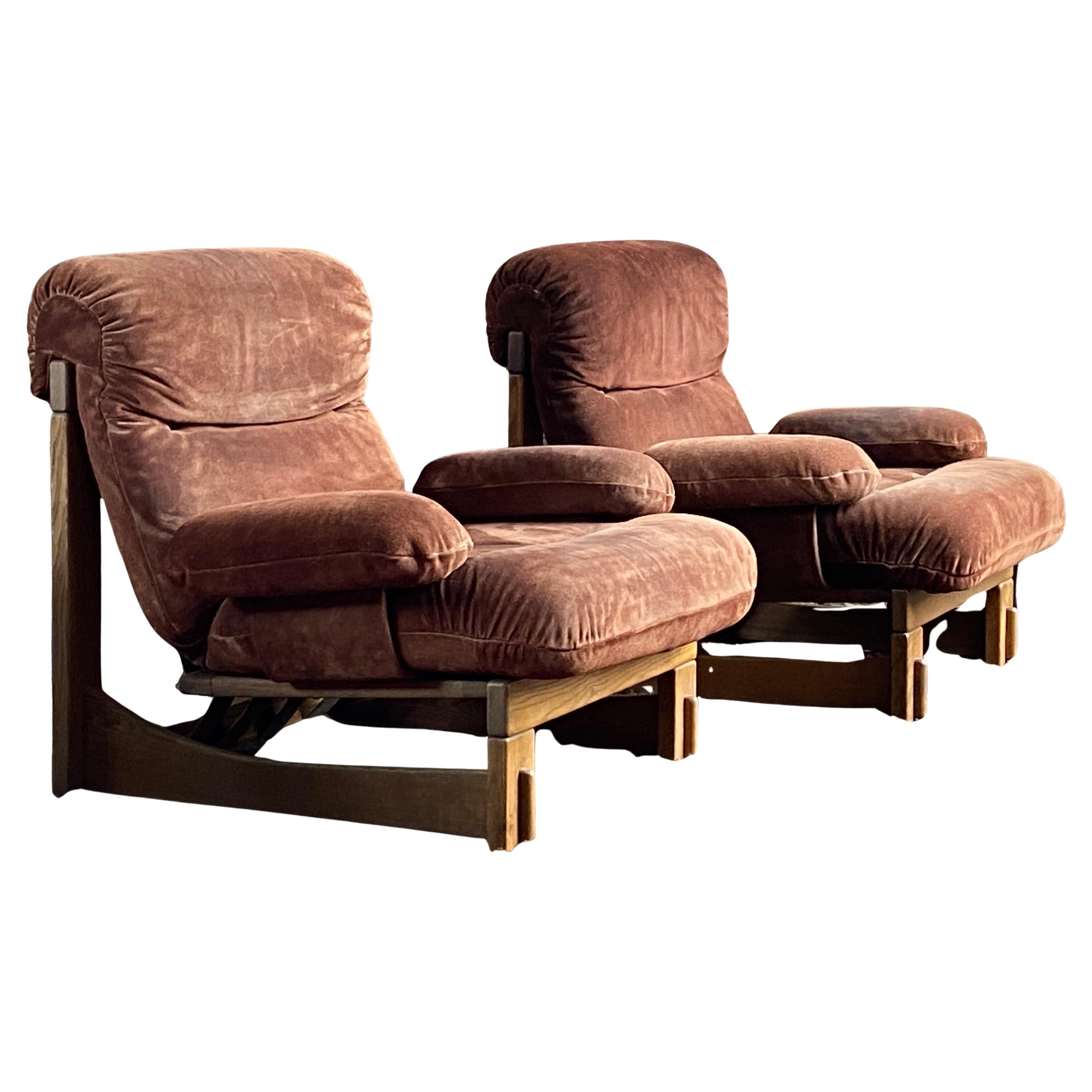 Pair of German Brutalist oak and suede lounge chairs For Sale