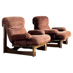 Pair of German Brutalist oak and suede lounge chairs